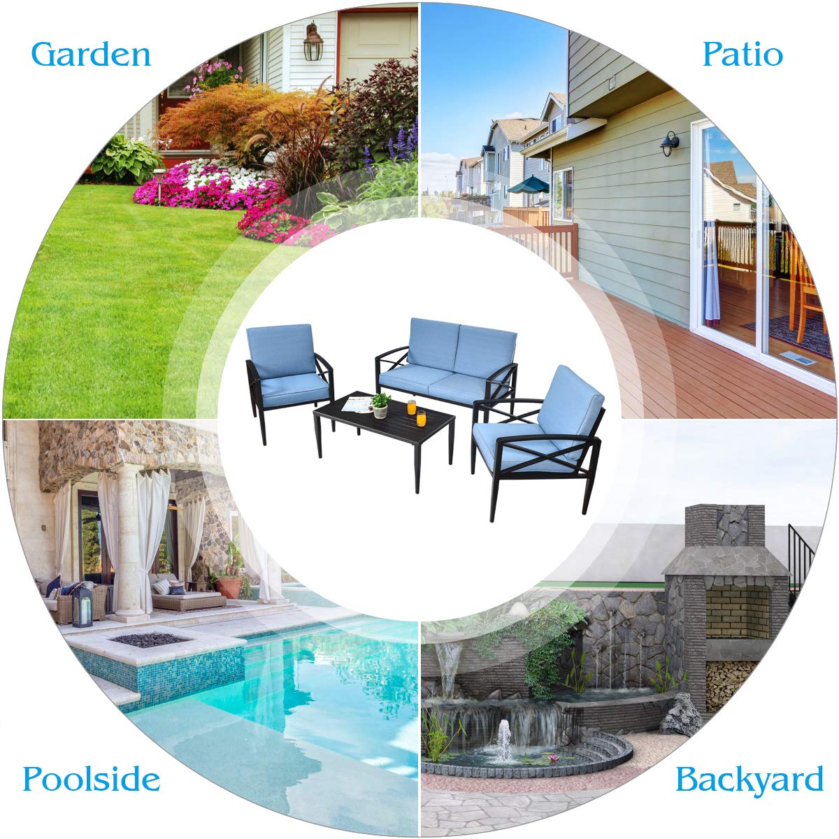 Tangkula 8-Piece Outdoor Patio Furniture Set - 2 Loveseats, 4 Single Sofas & 2 Coffee Tables with Cushions - Durable Aluminum Garden Conversation Set for Backyard, Poolside, Deck or Terrace (Blue)