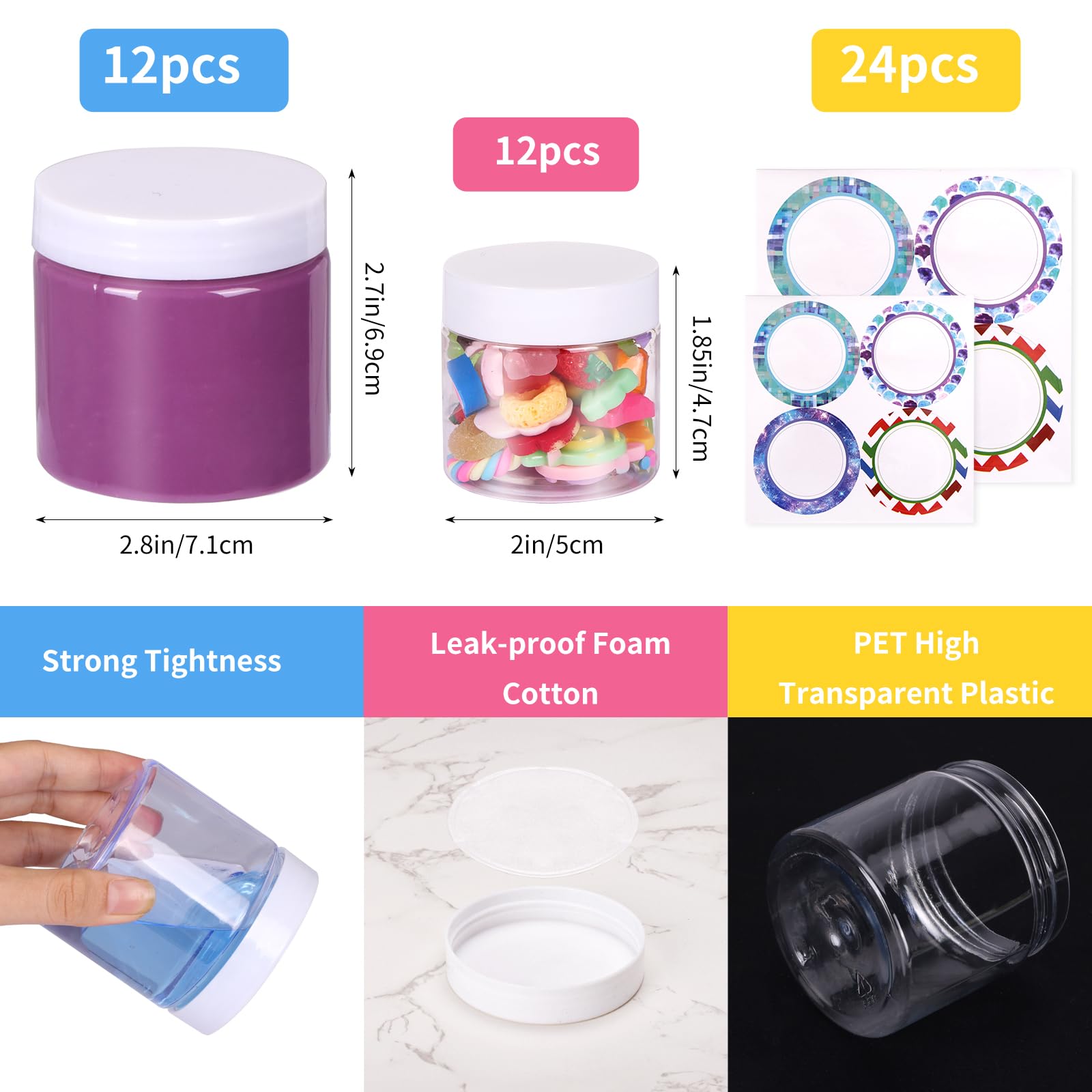24-Pack Empty Slime Containers - 12 x 6oz & 12 x 2oz Plastic Storage Jars with Lids & Labels | DIY Slime, Glitter, Jewelry Making, Foam Beads Supplies | Perfect for Kids Crafts, Party Favors & Classroom Activities