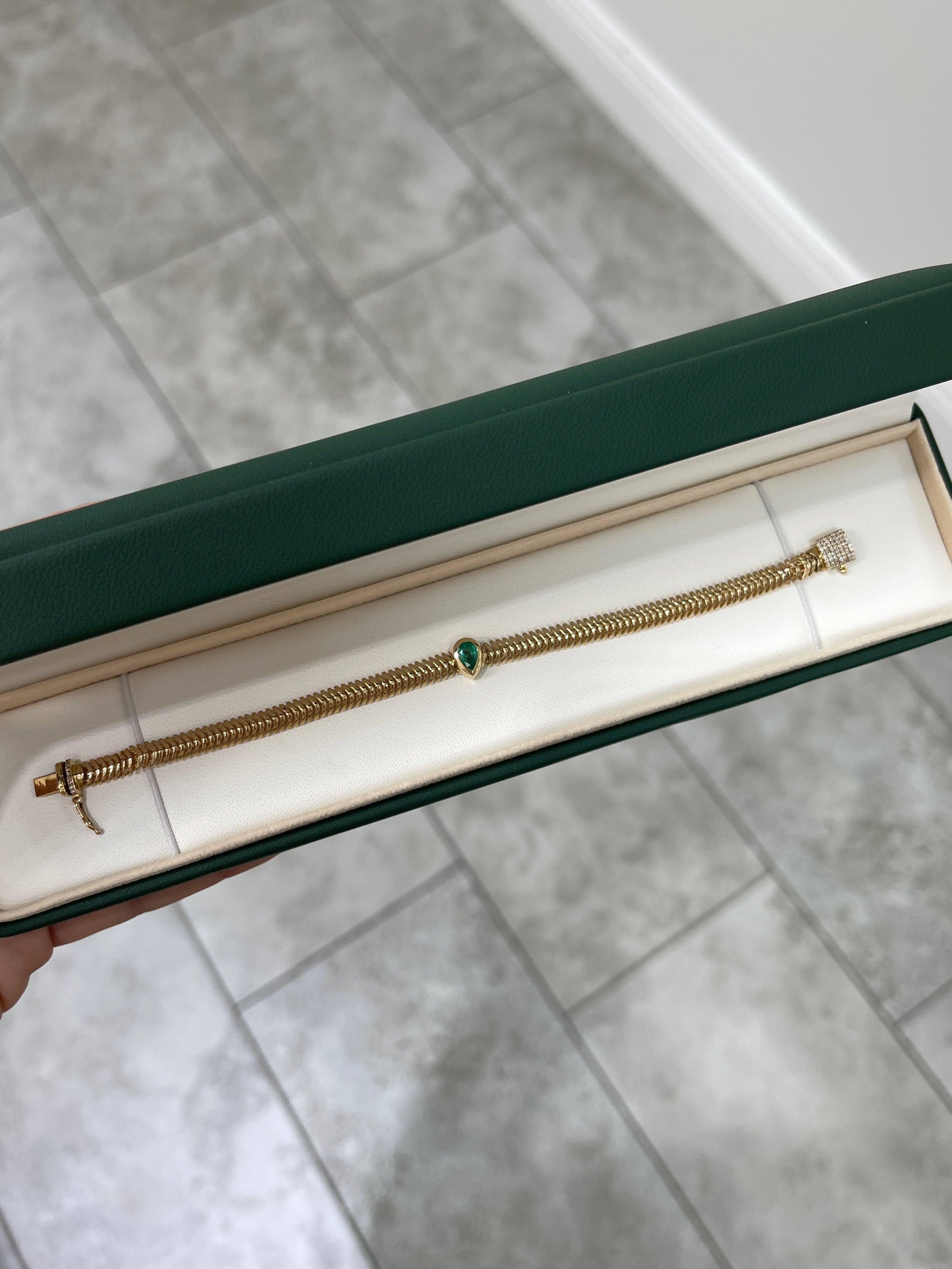 14K Gold Teardrop Emerald & Diamond Snake Chain Bracelet - Elegant Fine Jewelry for Women, 6.5 Inch Adjustable, Perfect for Weddings, Parties & Special Occasions