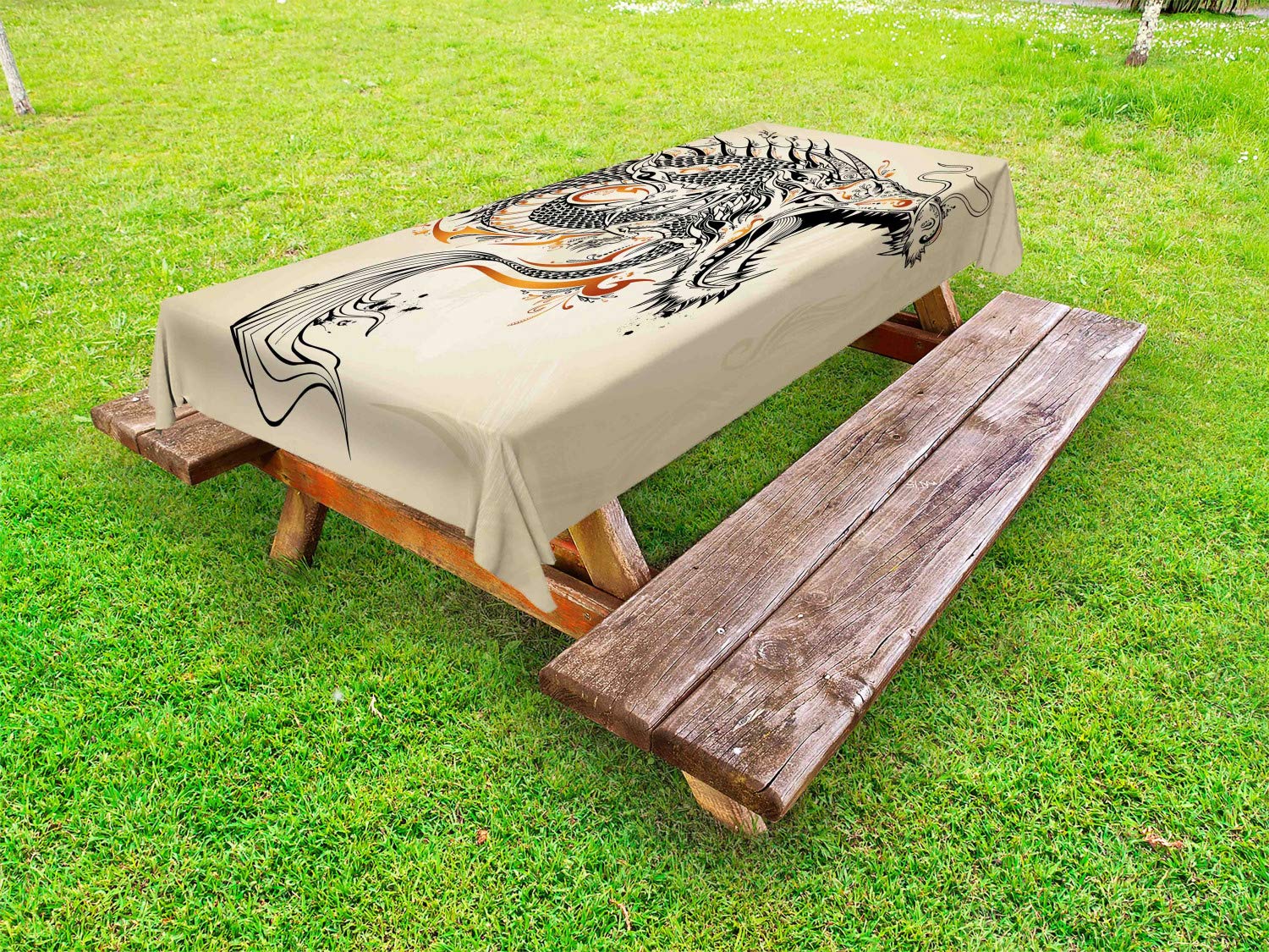 Ambesonne Japanese Dragon Tablecloth - Doodle Style Roaring Creature Design with Tail, Fangs & Tribal Scales - 58