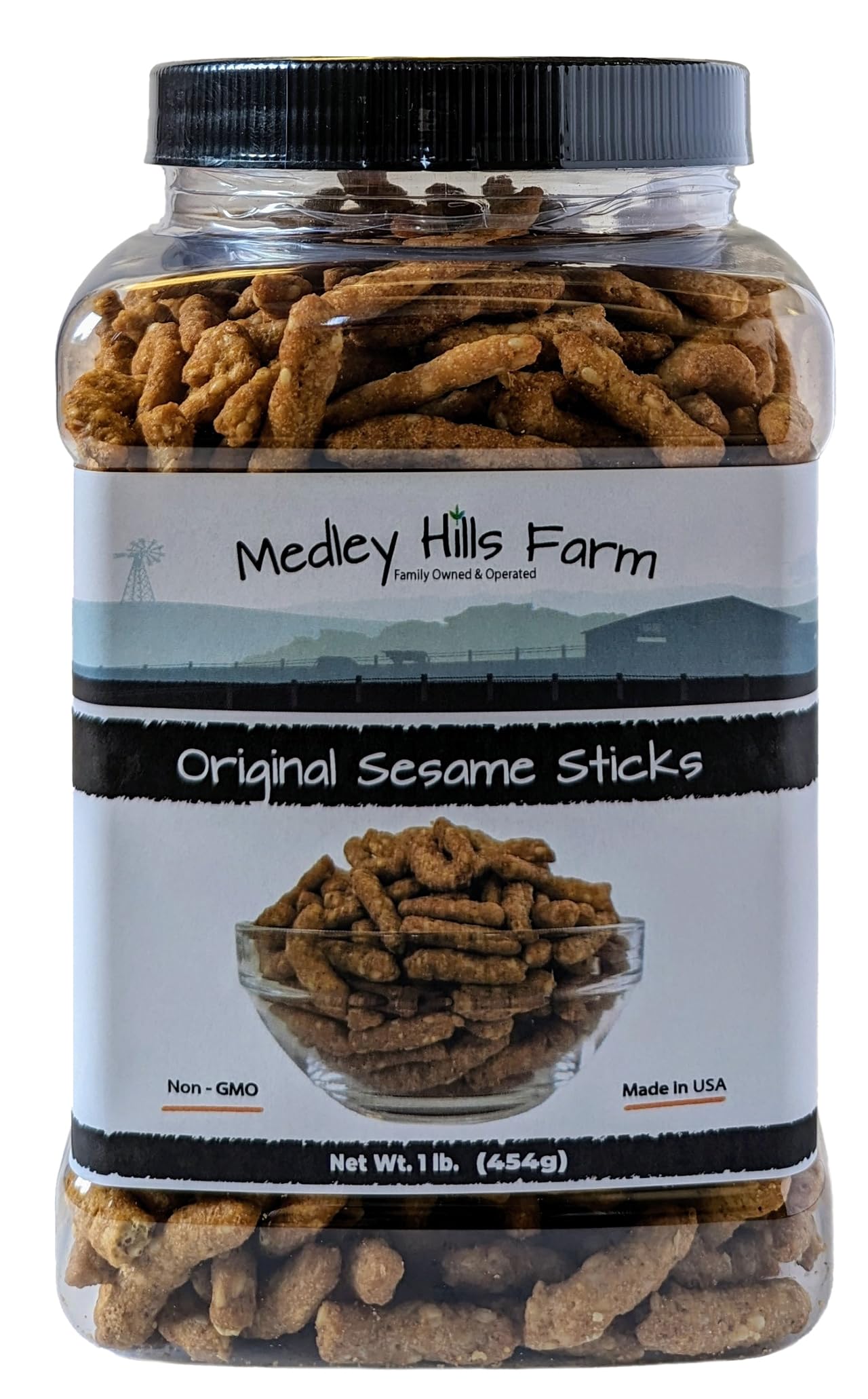 Medley Hills Farm Original Sesame Sticks 1 lb - Crunchy & Fresh Sesame Snacks in Reusable Container - Perfect for Midday Snacks, Office Treats & Healthy On-the-Go Snacking