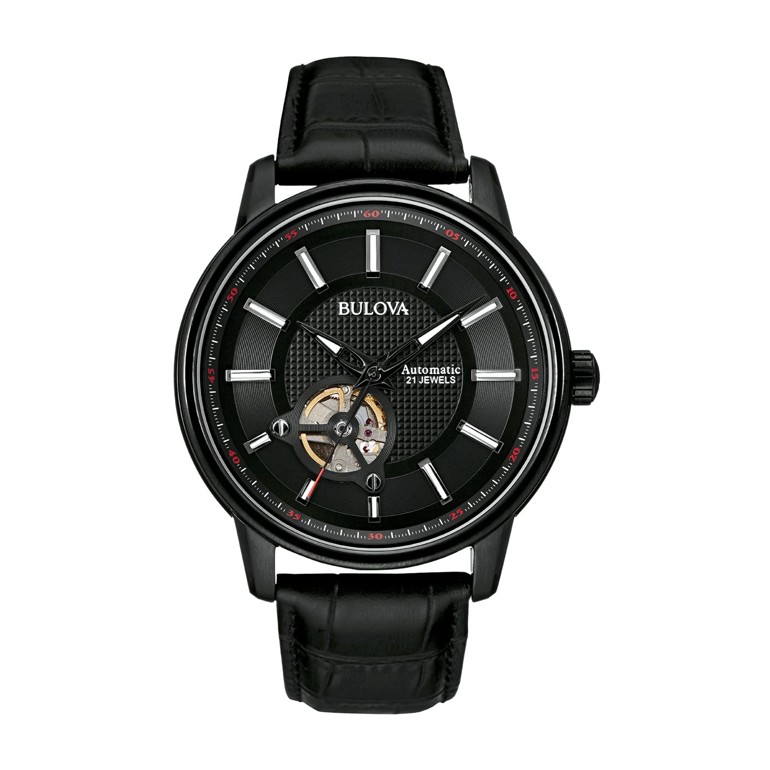 Bulova Men's Automatic Leather Watch with 21 Jewels, Hack Feature & Luminous Hands - 45mm Open Aperture Design for Business & Casual Wear