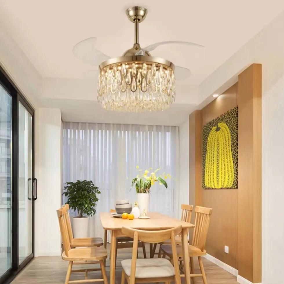 Crystal Water Drop Ceiling Fan with LED Light - Elegant Modern Design for Living Room, Bedroom & Dining Room