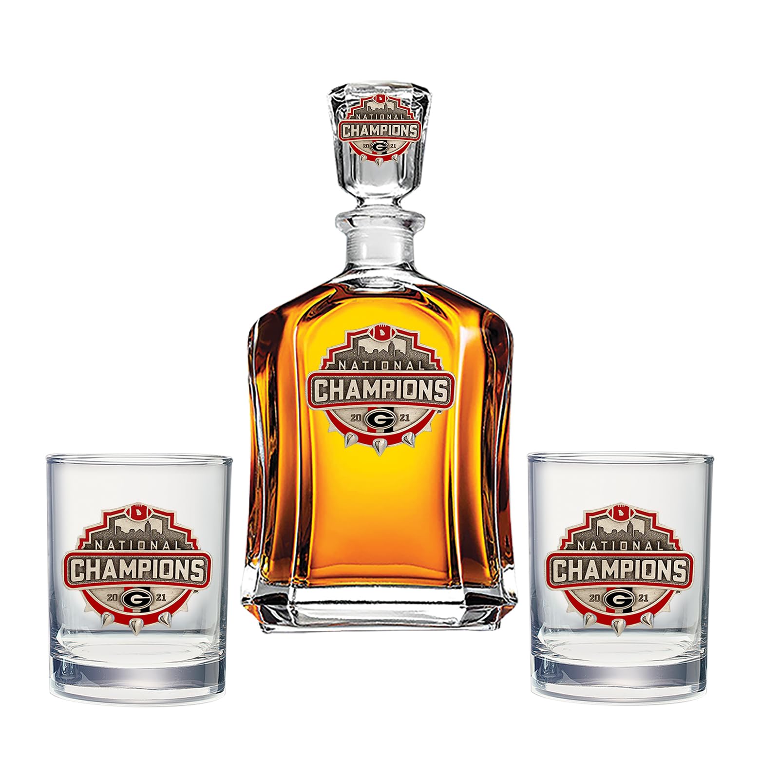 Georgia Bulldogs 2021-2022 National Champions Decanter Set with 2 Double Old-Fashioned Glasses - 24oz Pewter Pourer & Spike Logo - Perfect for Game Day Celebrations & Home Bar Decor