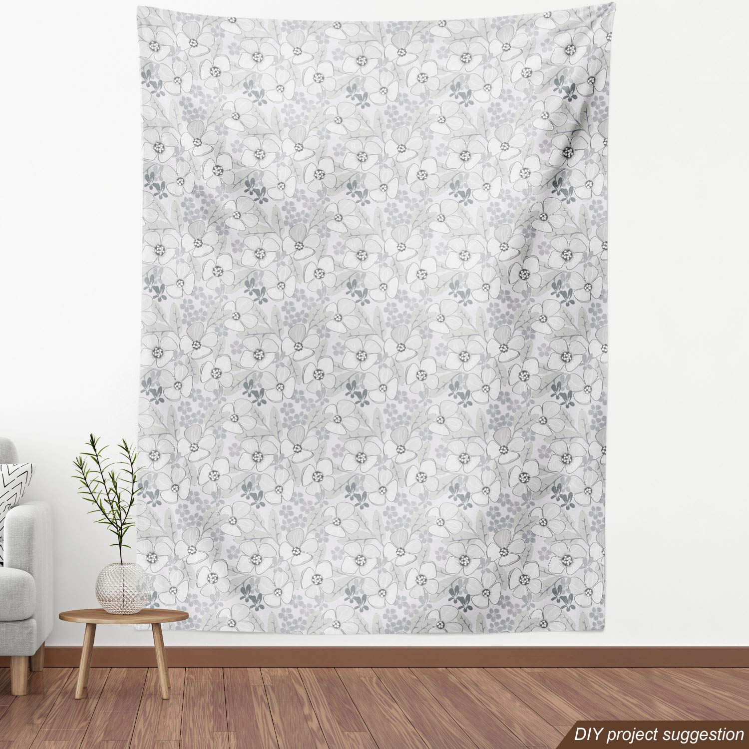 Ambesonne Floral Fabric by The Yard - Abstract Hand-Drawn Spring Flowers with Grey Backdrop | 10 Yards Upholstery Fabric for Sofa, Curtains & Home Decor | Pale Grey & White Decorative Cotton Material | Perfect for DIY Projects, Pillow Covers & Table Runners