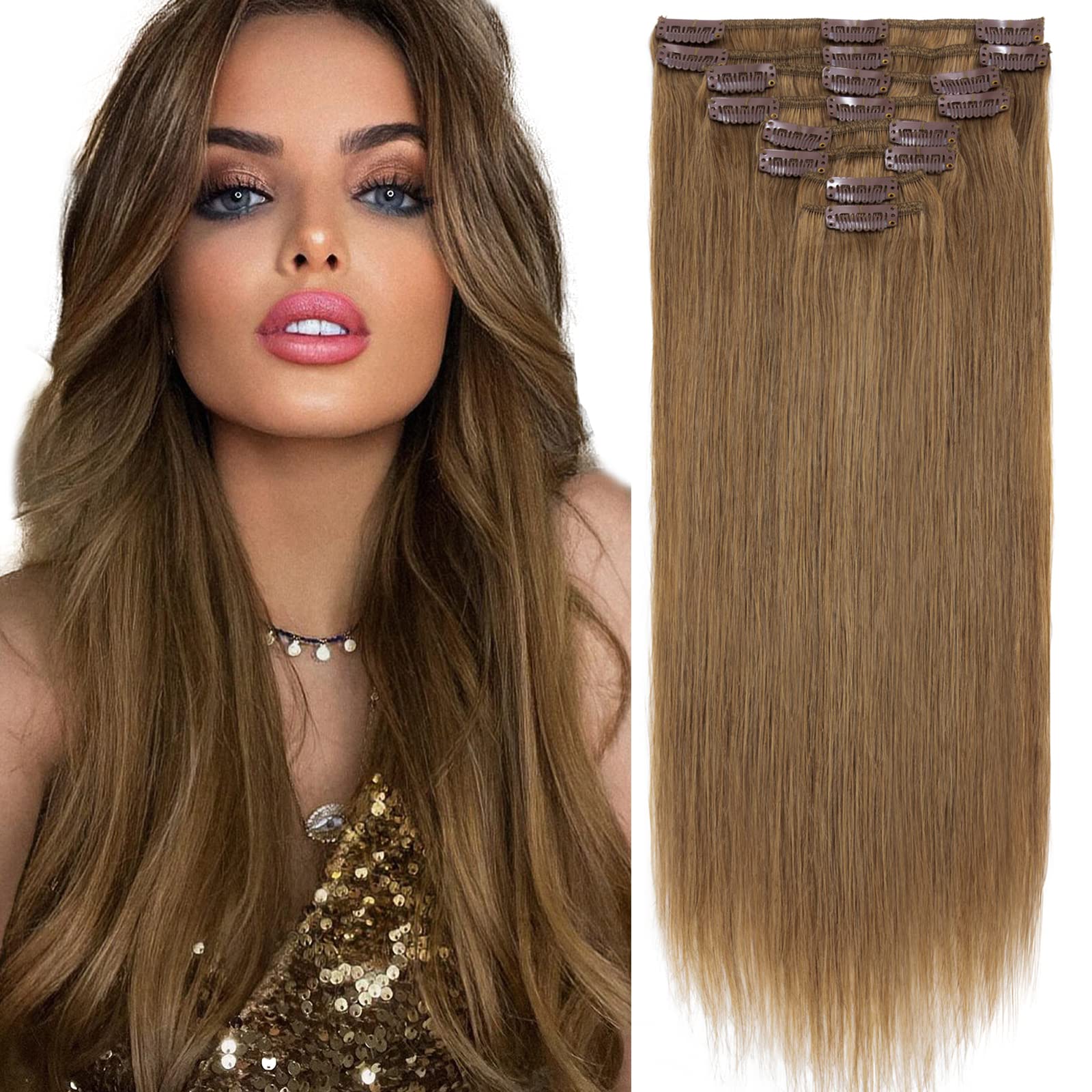 Clip in Human Hair Extensions 8 Pieces 18 Clips 100% Real Silky Remy Hair 18 Inch 100g Light Brown #6 - Perfect for Volume, Length & Styling for Parties, Weddings & Daily Wear