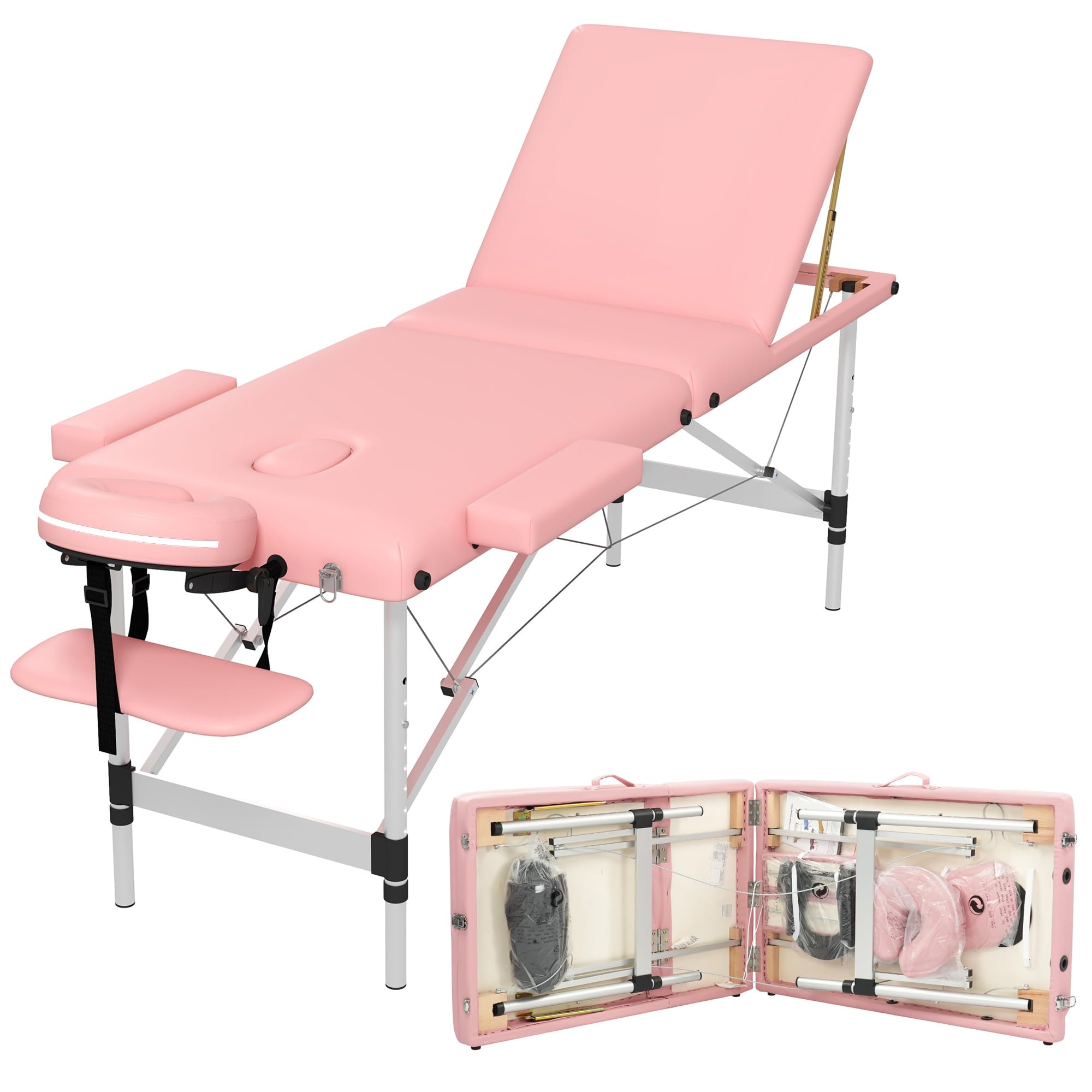 Portable 3-Section Foldable Massage Table - Adjustable Height Tattoo & Lash Spa Bed with Face Cradle - Lightweight Aluminum Frame Facial Salon Bed for Home Use (Light Pink) | Perfect for Professional Massage Therapists, Tattoo Artists & Home Spa Treatments