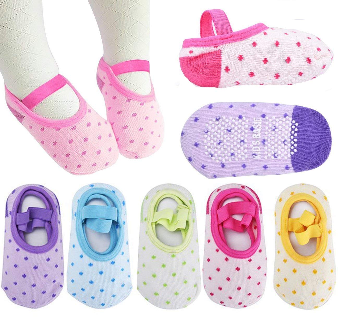 Kisgyst 5 Pairs Baby Girls Toddler Cartoon Dot Anti-Slip No-Show Cotton Socks for Sneakers (10-30 Months) - Soft & Comfortable for Playtime, Daycare & First Steps