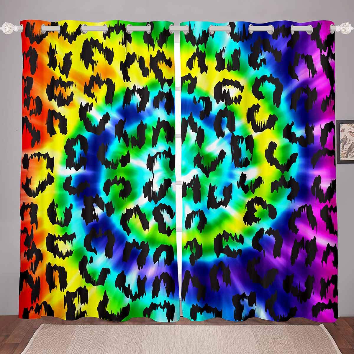 Tie Dye Window Curtains - Rainbow Leopard Print Bohemian Curtains for Bedroom, 52x84 Inches (2 Panels) - Colorful Boho Psychedelic Swirl Drapes for Kids, Boys & Girls Room Decor, Women's Bedroom & Living Room - Perfect for Nursery, Dorm, Apartment & Bohemian Home Decor