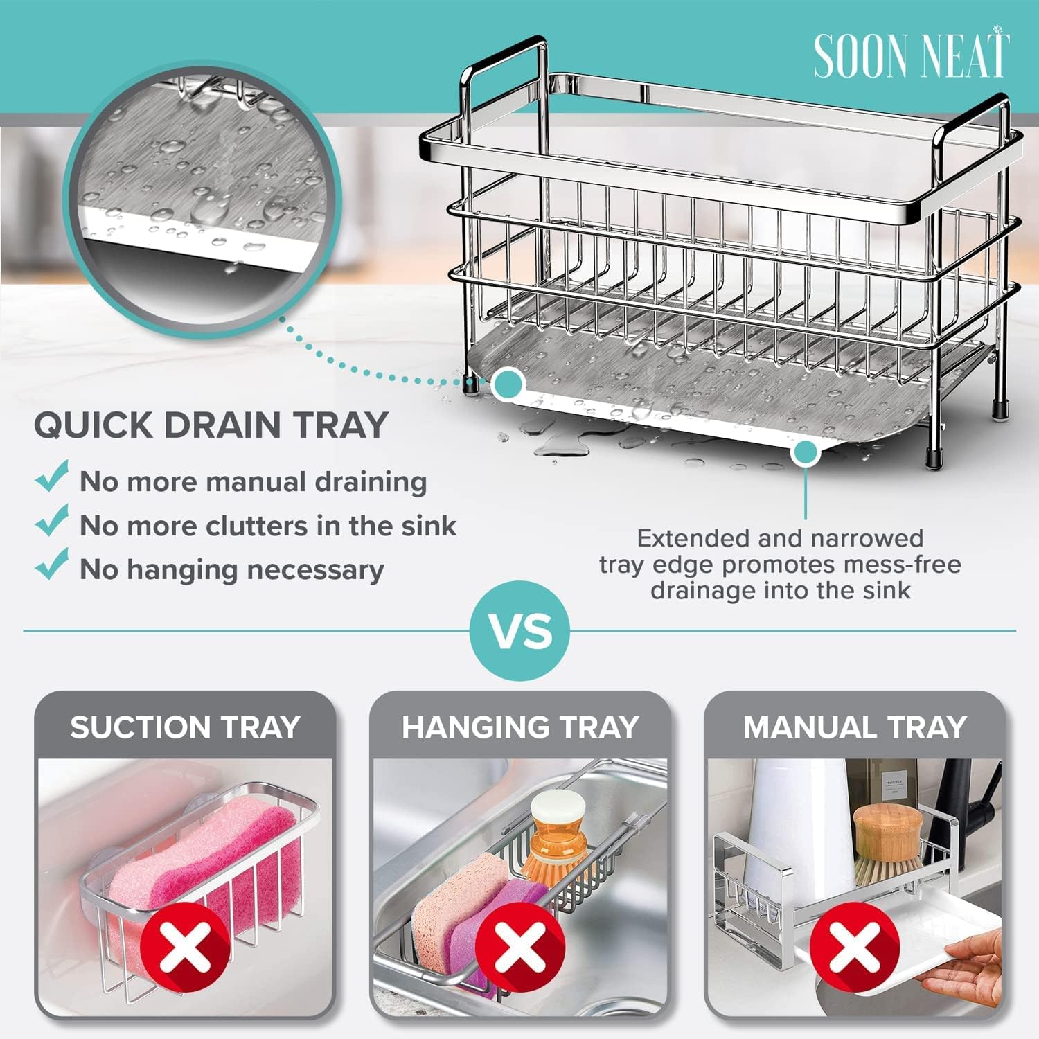 Stainless Steel Kitchen Sink Organizer - Quick Draining Tray for Neat Kitchen