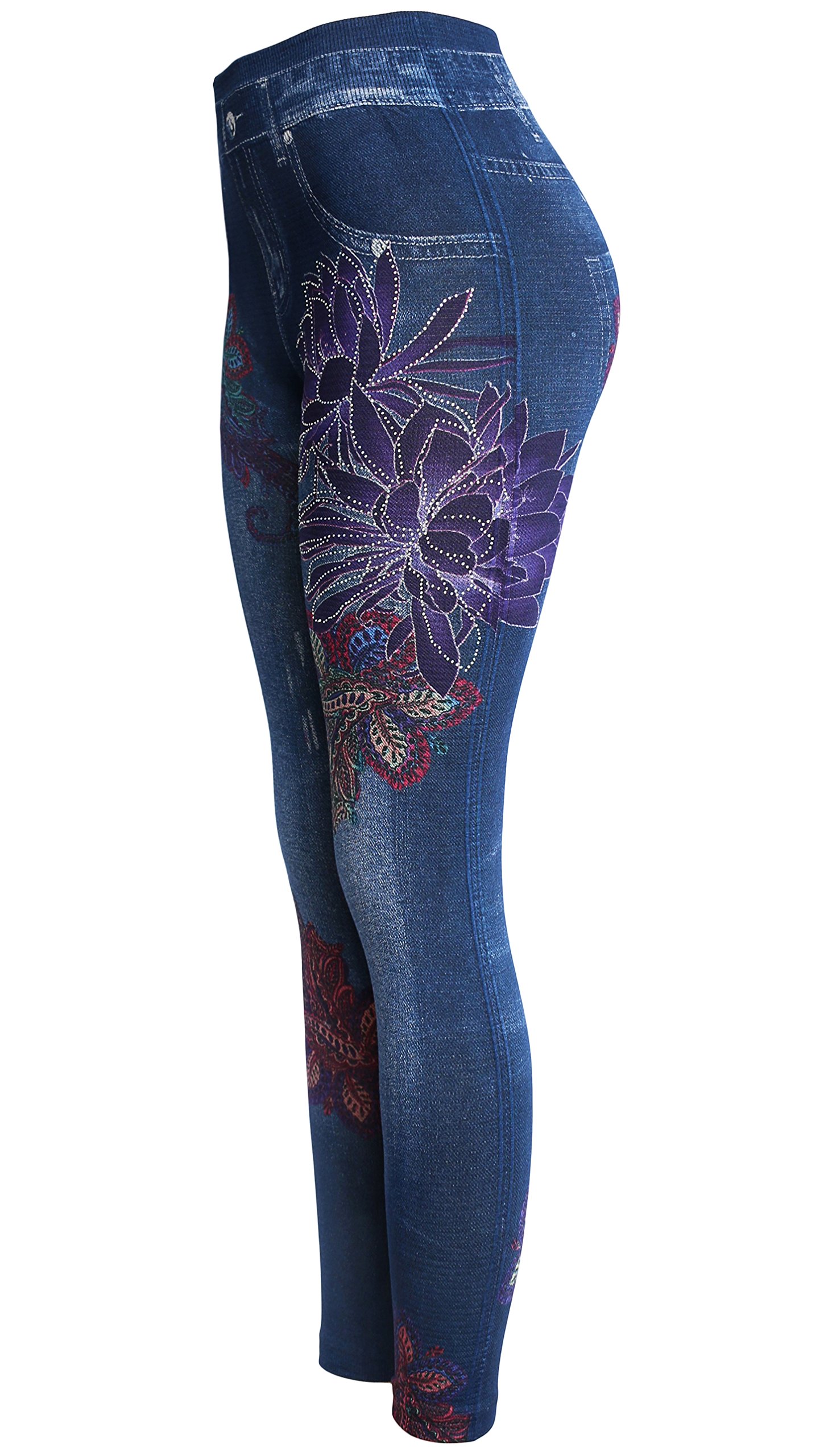 KMystic Women's Denim Print Faux Jeans Leggings - Stretchy Jeggings for Casual Wear, Yoga & Everyday Comfort