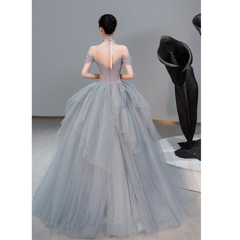 Elegant Off Shoulder Fluffy Ball Gown - Blue Gray Tulle Formal Dress for Prom, Evening Gala & Special Occasions | Women's Party Wear 706