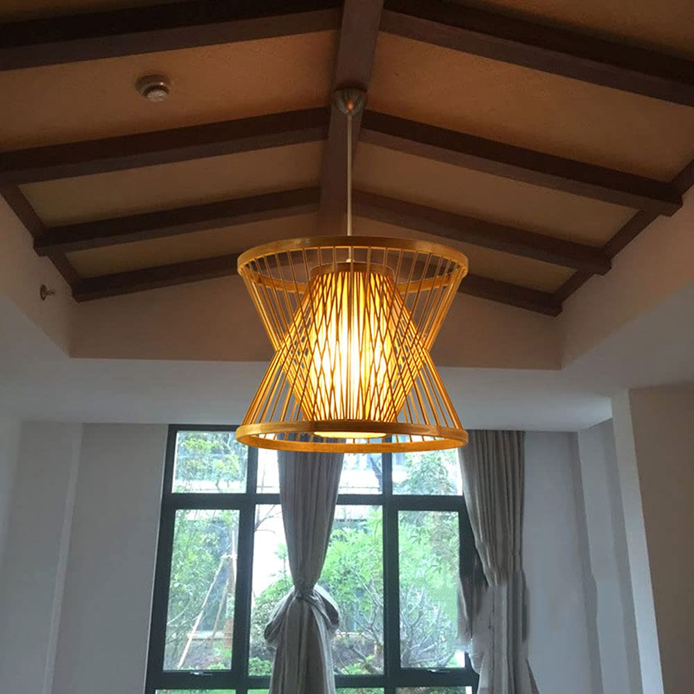 Modern Bamboo LED Pendant Light - Chinese Style Lantern Chandelier for Kitchen Island, Dining Room & Living Room | Semi-Recessed Ceiling Hanging Lamp | Perfect for Farmhouse, Restaurant & Home Decor | Energy-Efficient Lighting Solution