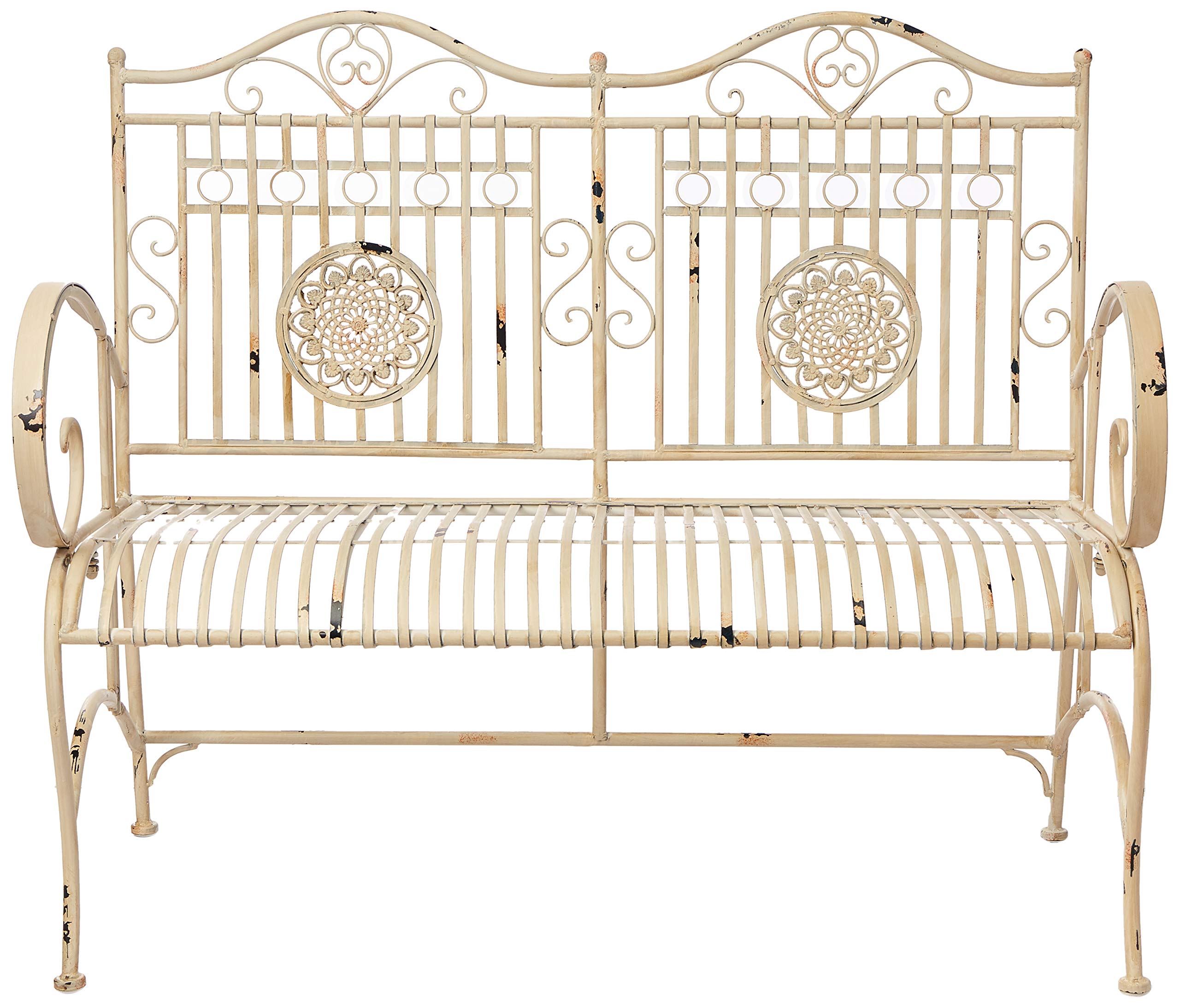 Rustic Metal Garden Bench - Distressed White Outdoor Patio Furniture for Porch, Backyard & Garden Decor | Weather-Resistant & Comfortable Seating