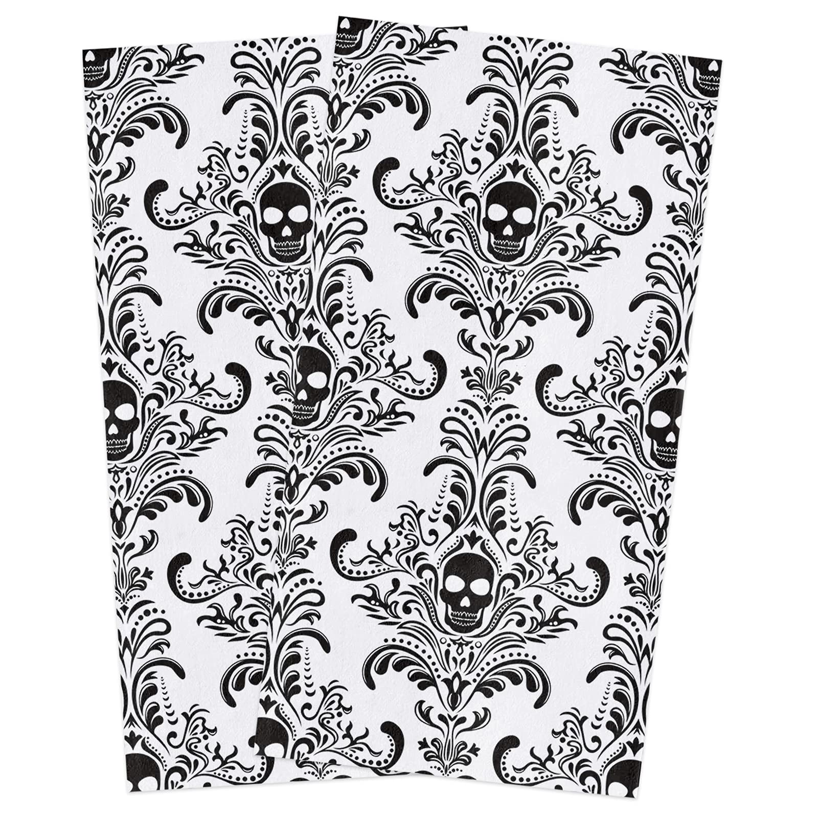Happy Halloween Skull Pattern Kitchen Towels - 16x28 Inches Soft Cotton Dish Cloths, Tea Towels & Bar Towels (2 Pack) - Perfect for Halloween Decor, Kitchen Cleaning & Hand Drying