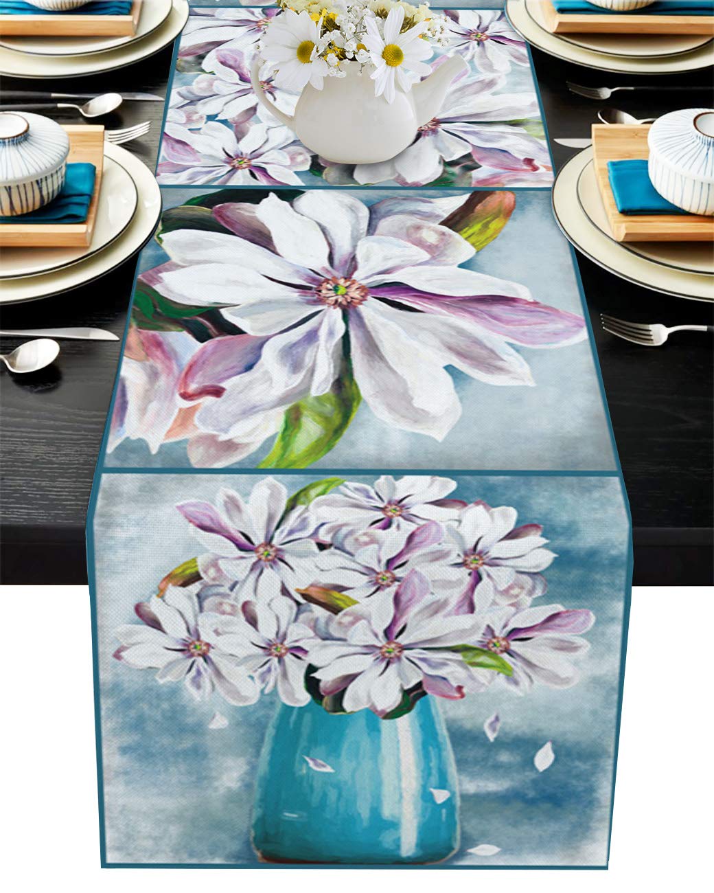 Spring Floral Vintage Cotton Linen Table Runner - Non-Slip Dining Table Decor for Wedding, Coffee Party, Outdoor Events (13x36 Inch) - Perfect for Farmhouse, Rustic & Boho Home Decor