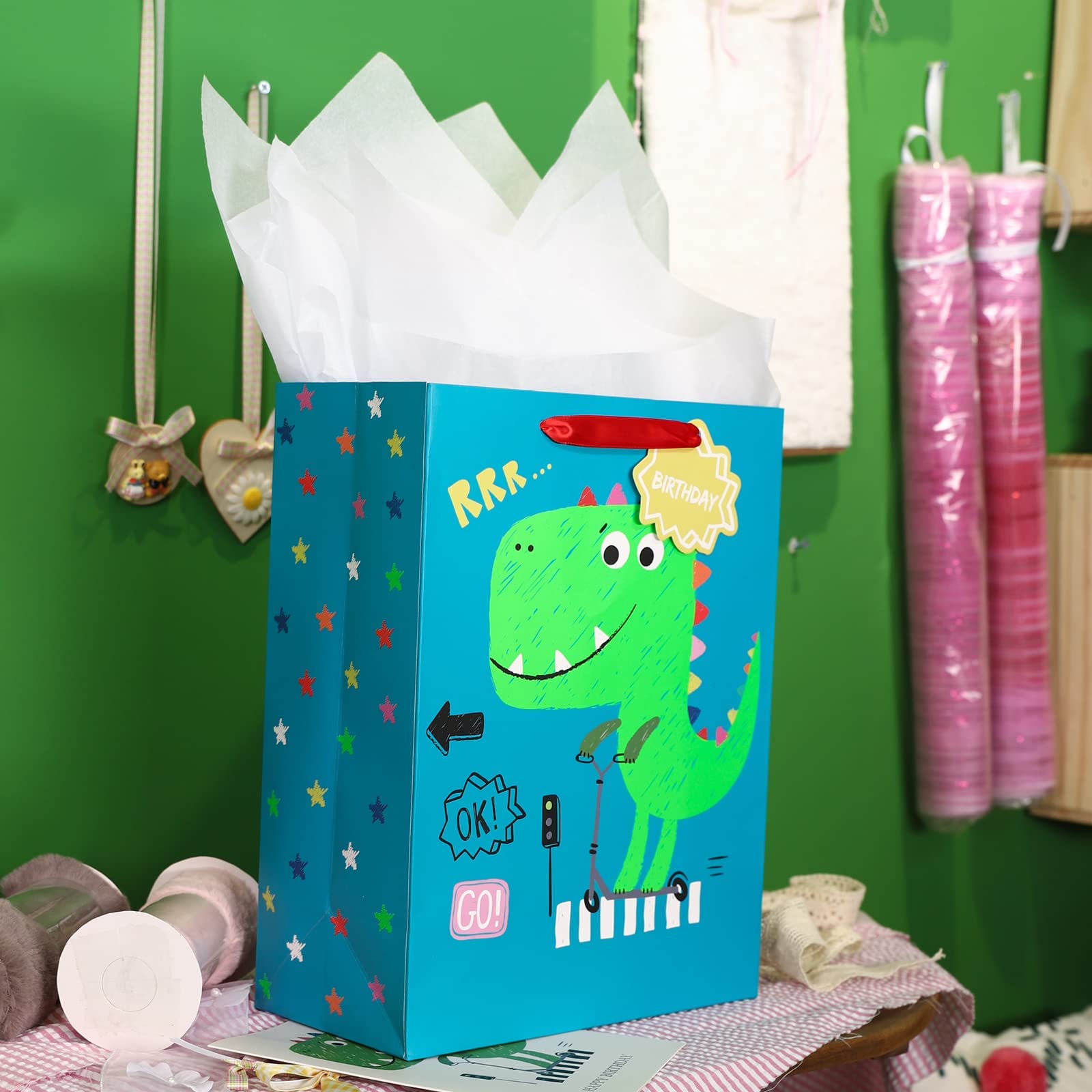 MAYPLUSS 13 Inch Large Dinosaur Themed Gift Bag for Boys - Includes Birthday Card & Tissue Paper | Perfect for Baby Showers, Birthday Parties, Newborn Gifts & Special Occasions | Great for School Events, Holiday Presents & Celebration Decorations