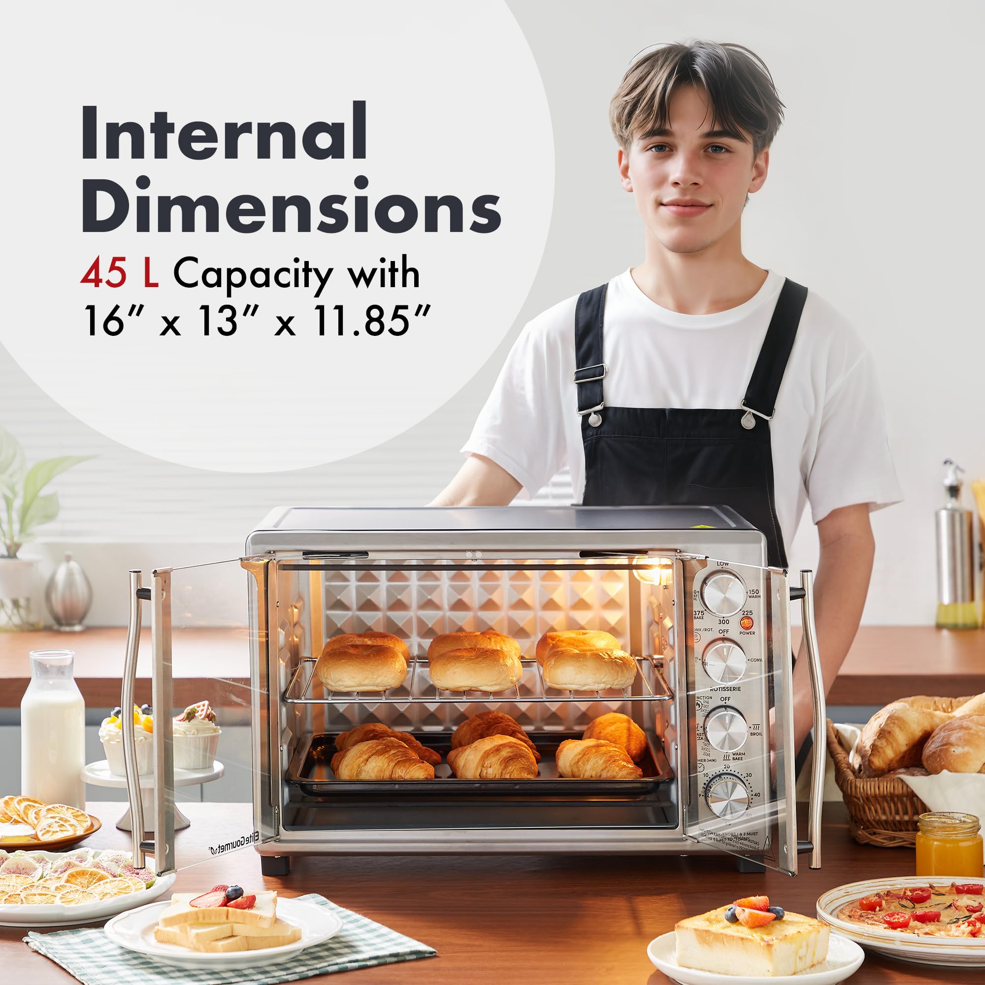 Elite Gourmet ETO4524 45L Countertop Convection Toaster Oven with French Doors - Adjustable Temperature & Timer for Baking, Roasting, Broiling, Toasting - Includes Baking Pan, Rack & Rotisserie - Stainless Steel Design - Perfect for Small Kitchens, Dorms, Apartments & Quick Meal Prep