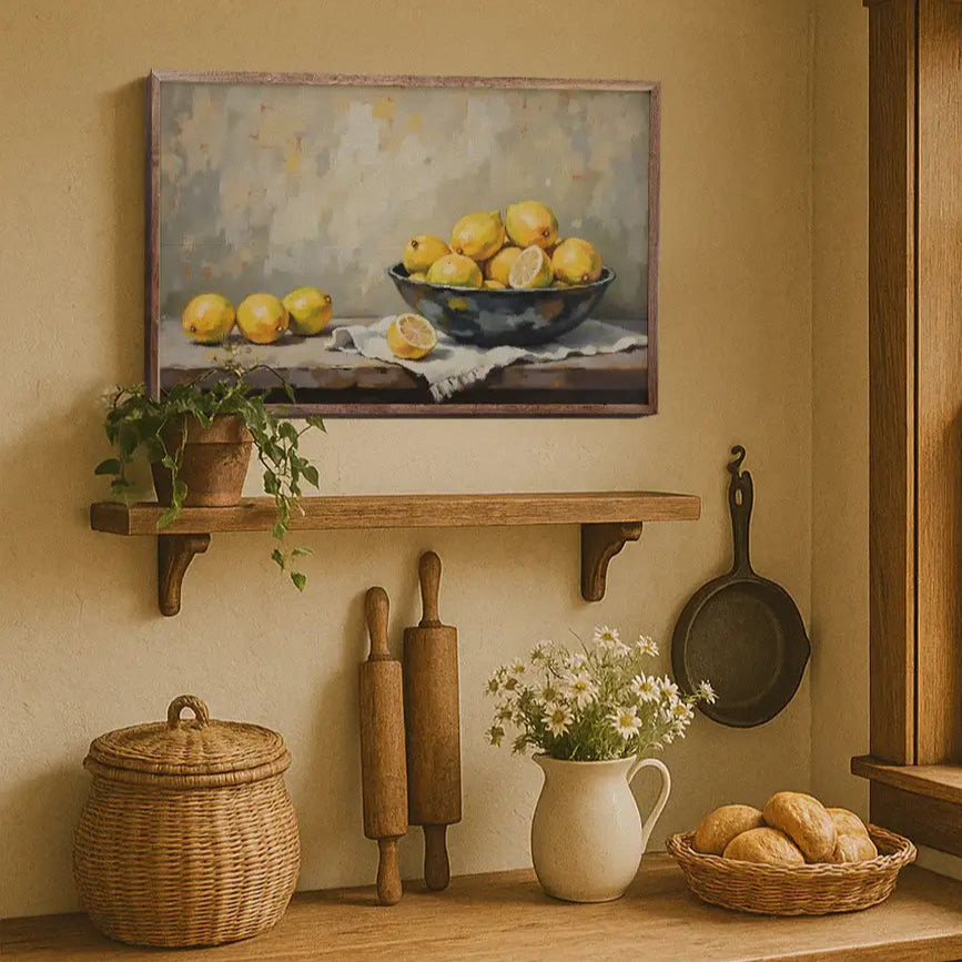 Bowl of Lemons Wood Framed Print - Vibrant Kitchen Wall Art Decor for Dining Room, Cafe & Farmhouse Style Homes