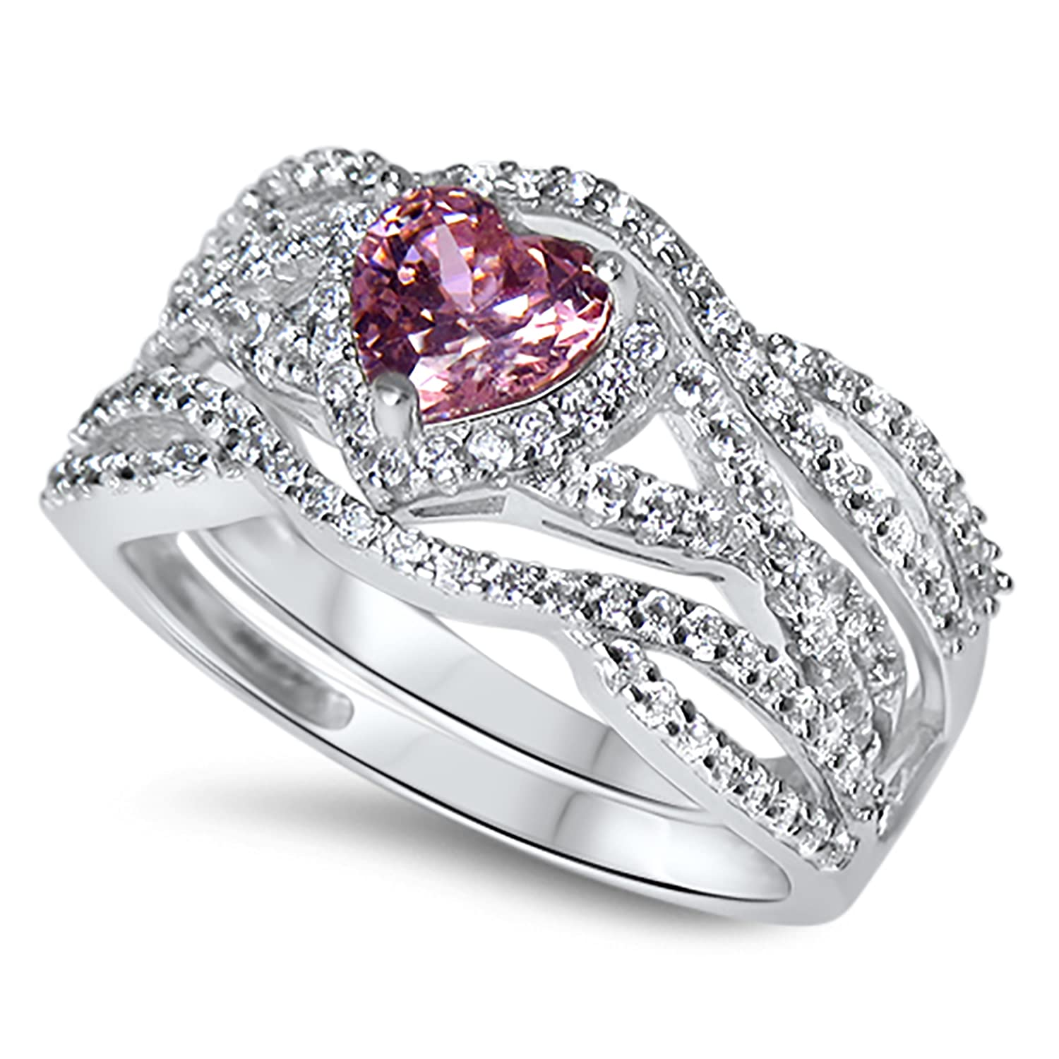 LaRaso & Co Sterling Silver Pink CZ Simulated Sapphire Matching Couple Rings Set - His & Her Wedding Bands, Engagement Rings for Bridal Jewelry - Perfect for Anniversaries, Proposals & Romantic Gifts