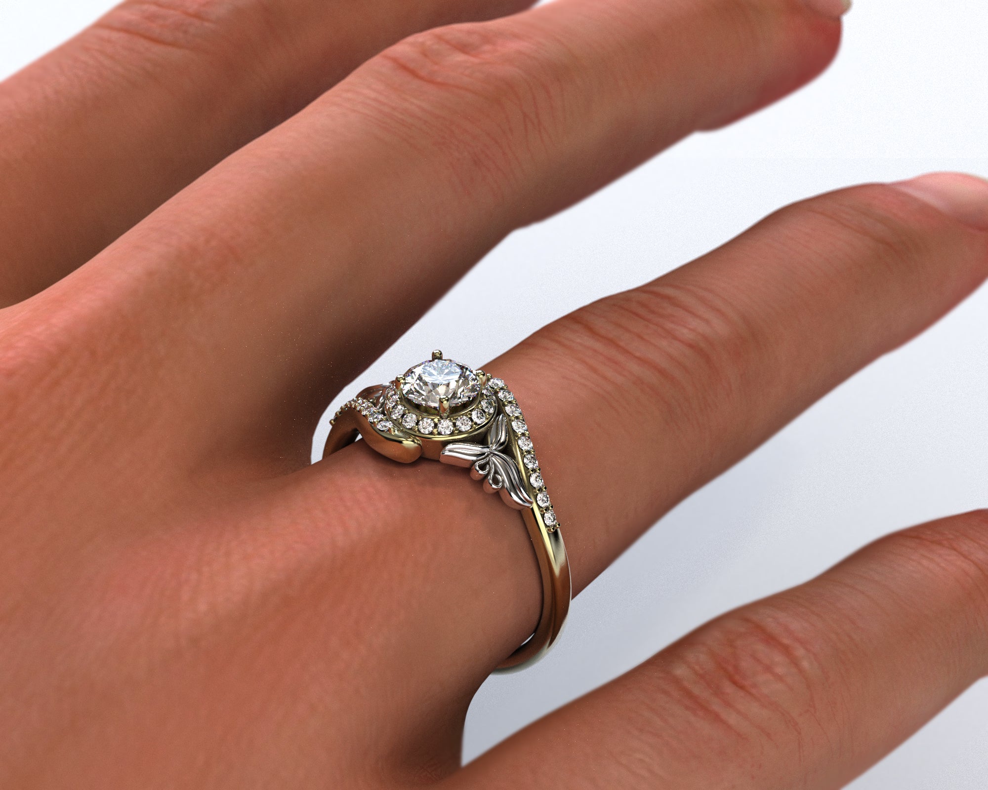 Exquisite Floral Two-Tone Gold Diamond Halo Engagement Ring for Women - Perfect for Proposals, Weddings & Anniversary Gifts