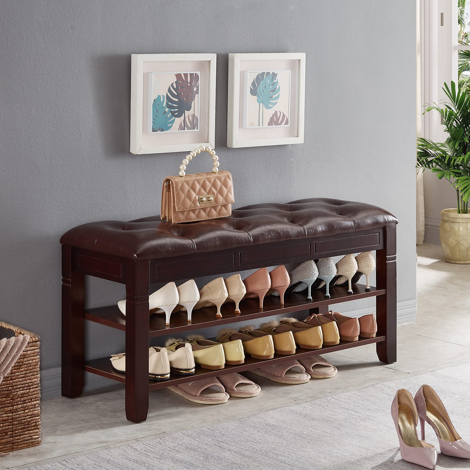 2-Tier Shoe Storage Bench with Lift Top & Fiberleather Seat - Wooden Entryway Shoe Rack Organizer for Hallway, Living Room (Dark Brown, 39.4