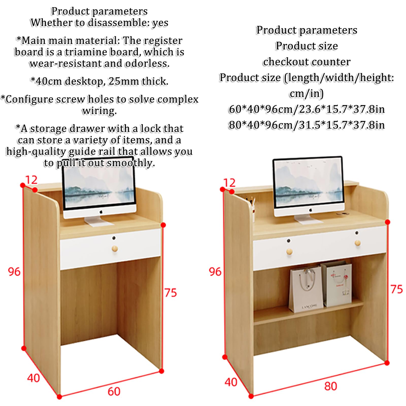 Modern Reception Desk Counter Table with Drawer Storage - Elegant Retail Front Desk for Clothing Stores, Salons, Hotels & Offices - Durable Cashier Cabinet with Open Design for Professional Workspaces