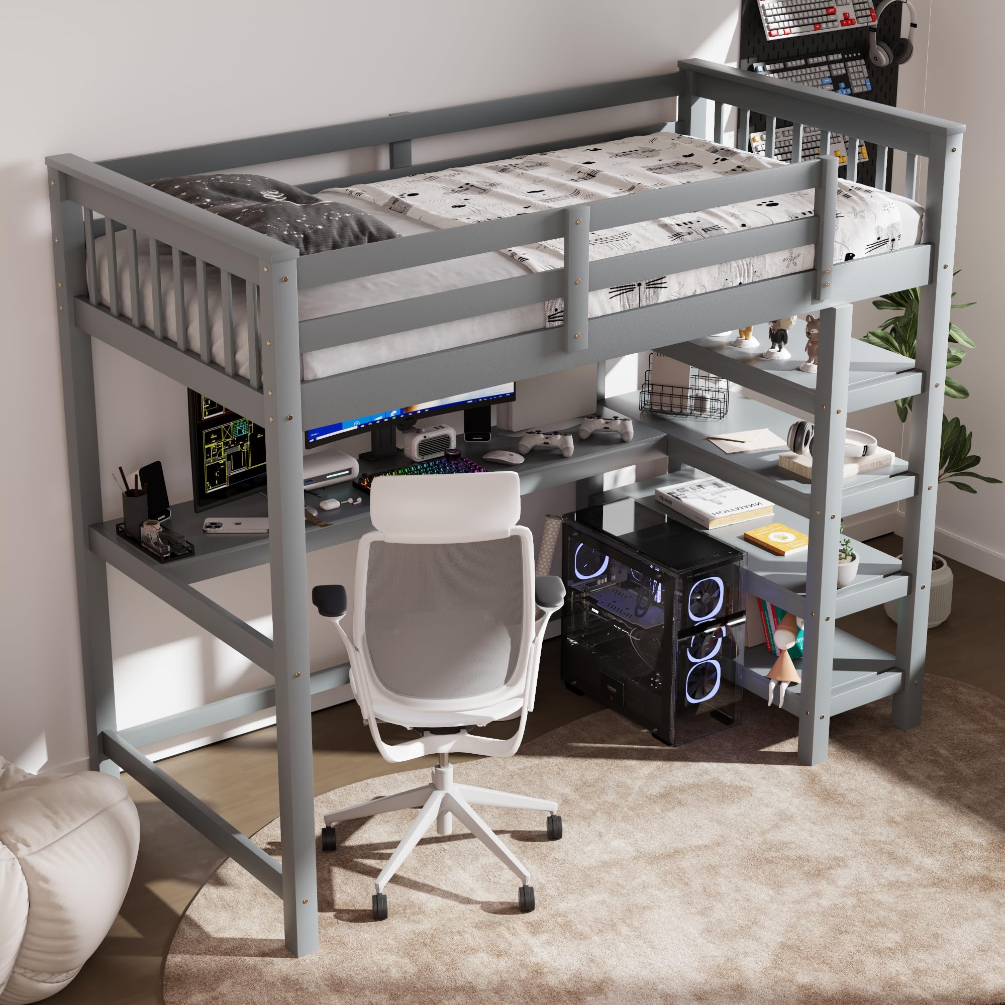 Merax Twin Size Wood Loft Bed with Built-in Desk & 4 Storage Shelves - Solid Wood Study Bed for Small Spaces - Perfect for Kids Rooms, Dormitories & Studio Apartments (Grey)