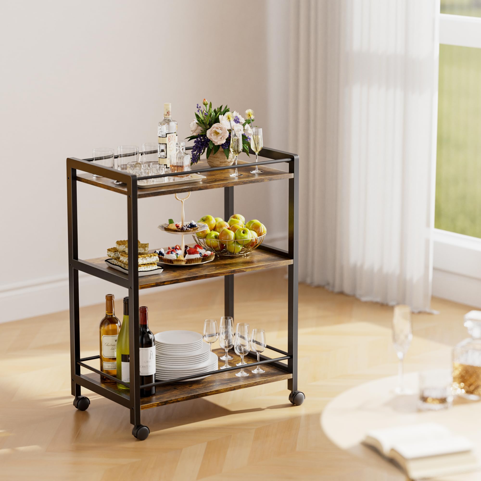 3-Tier Rolling Bar Cart with Wheels & Storage Shelves - Rustic Brown & Black Home Bar Serving Cart for Kitchen, Dining & Living Room | Perfect for Entertaining, Cocktail Parties & Beverage Storage