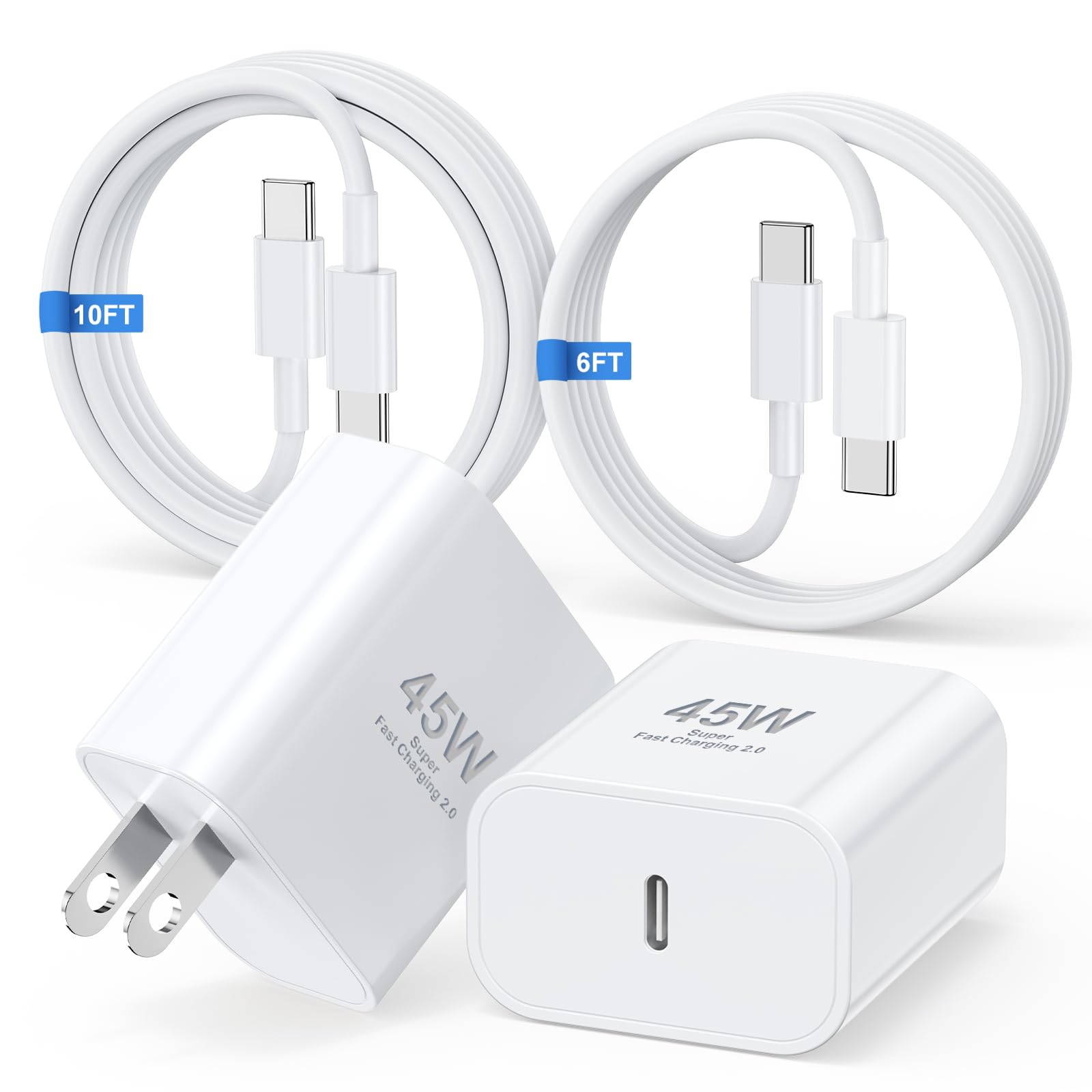 45W USB-C Fast Charger Block & 6+10FT Long Type C Cable - Compatible with iPhone 16 Pro Max/16/16 Plus/15/15 Pro Max, Samsung Galaxy S24 & Android Phones - Perfect for Home, Office & Travel Charging