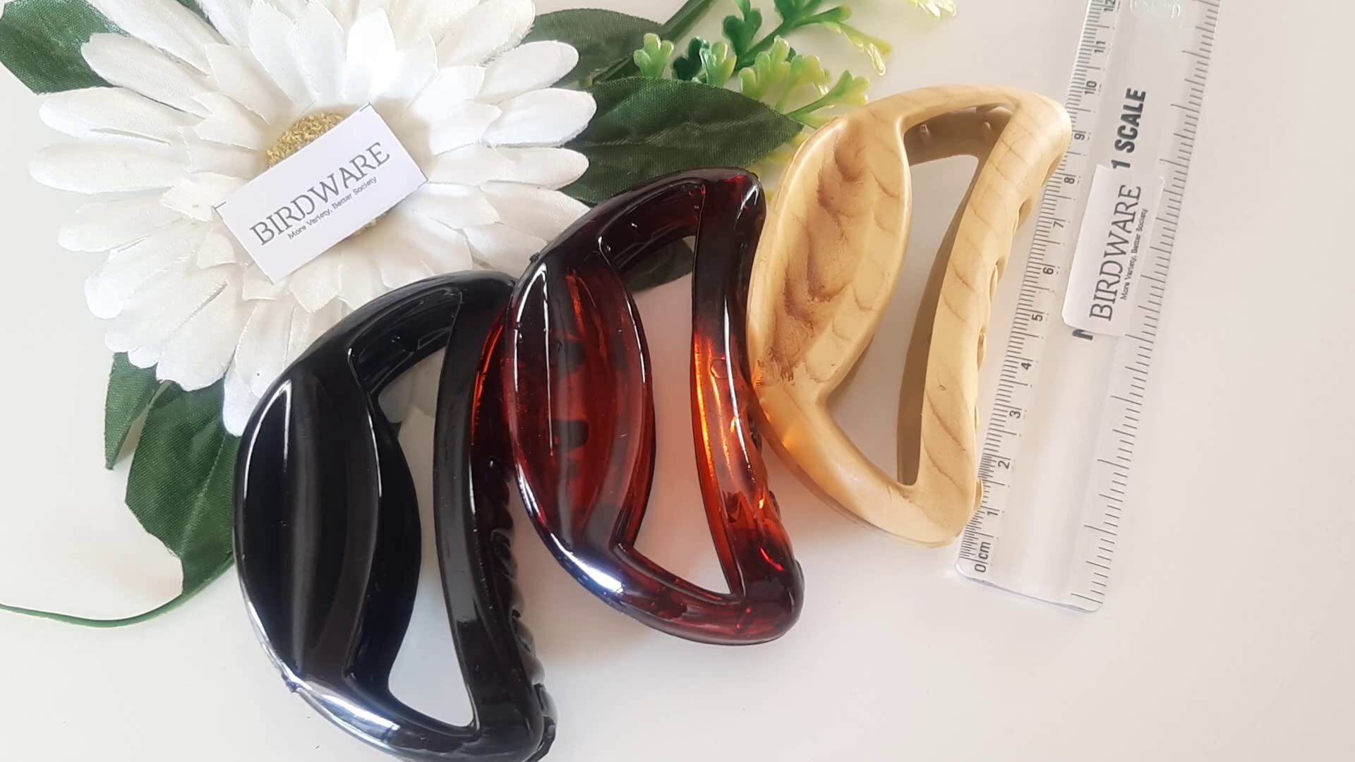 Premium Large Acrylic Butterfly Hair Clips for Women - 3-Pack (Black, Shell & Wooden Colors) - Strong Hold Hair Clutchers for Daily Use, Parties & Weddings