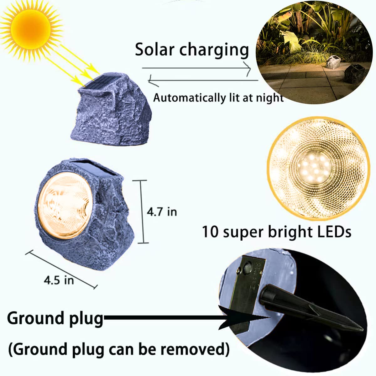 EiGreen Solar Landscape Lights - 10 LED Waterproof Outdoor Rock Lights (2 Pack, Warm White) for Garden, Yard, Pathway & Patio Decoration | Solar Powered Outdoor Lighting for Nighttime Ambience