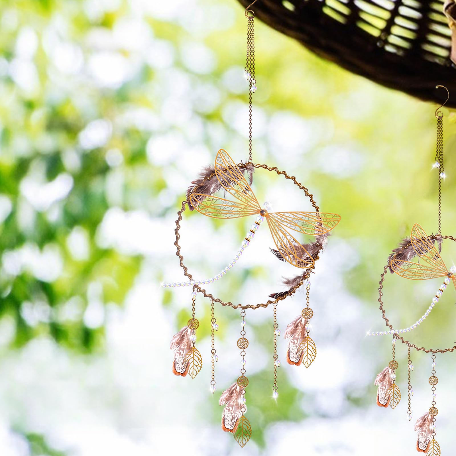 WEISIPU Dragonfly Hanging Ornament - Rainbow Maker Crystal Suncatcher for Home, Garden, Window, Christmas Tree Decor - Feather Wind Chime for Outdoor & Indoor Decoration