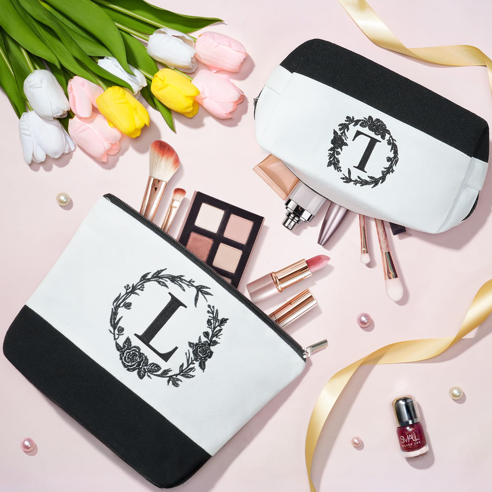 Personalized Monogrammed Canvas Tote Bag & Makeup Bag - Custom Initial Beach Tote for Women | Valentine's Day, Birthday Gift for Her, Girlfriend, Wife, Mom, Sister, Daughter | Perfect for Travel, Shopping & Beach Outings