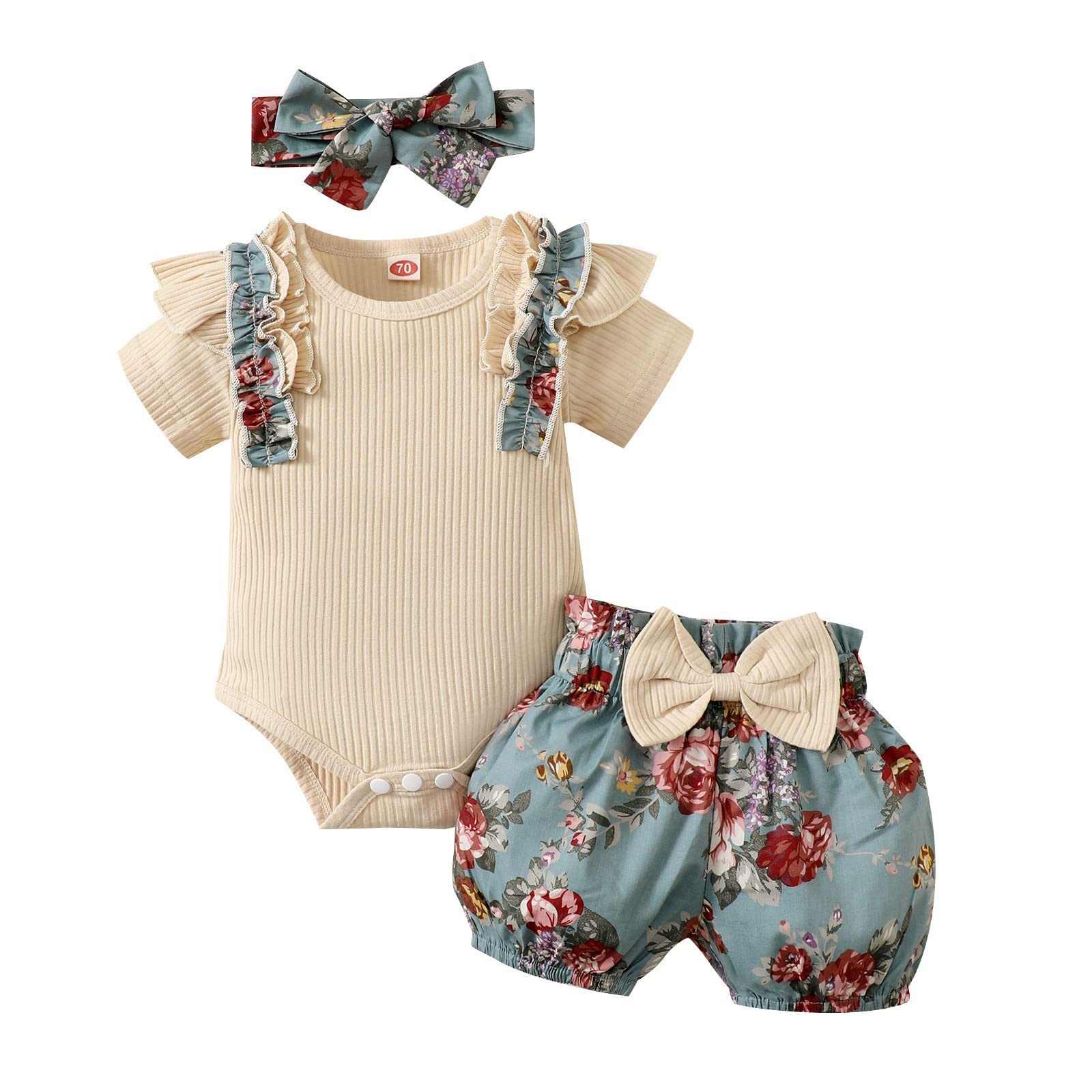 Baby Girl Clothes Set - Newborn Short Sleeve Romper & Floral Printed Shorts with Bow Headband | Soft Ribbed Bodysuit Outfits for Infants 0-24 Months | Perfect for Playtime, Photo Shoots & Special Occasions