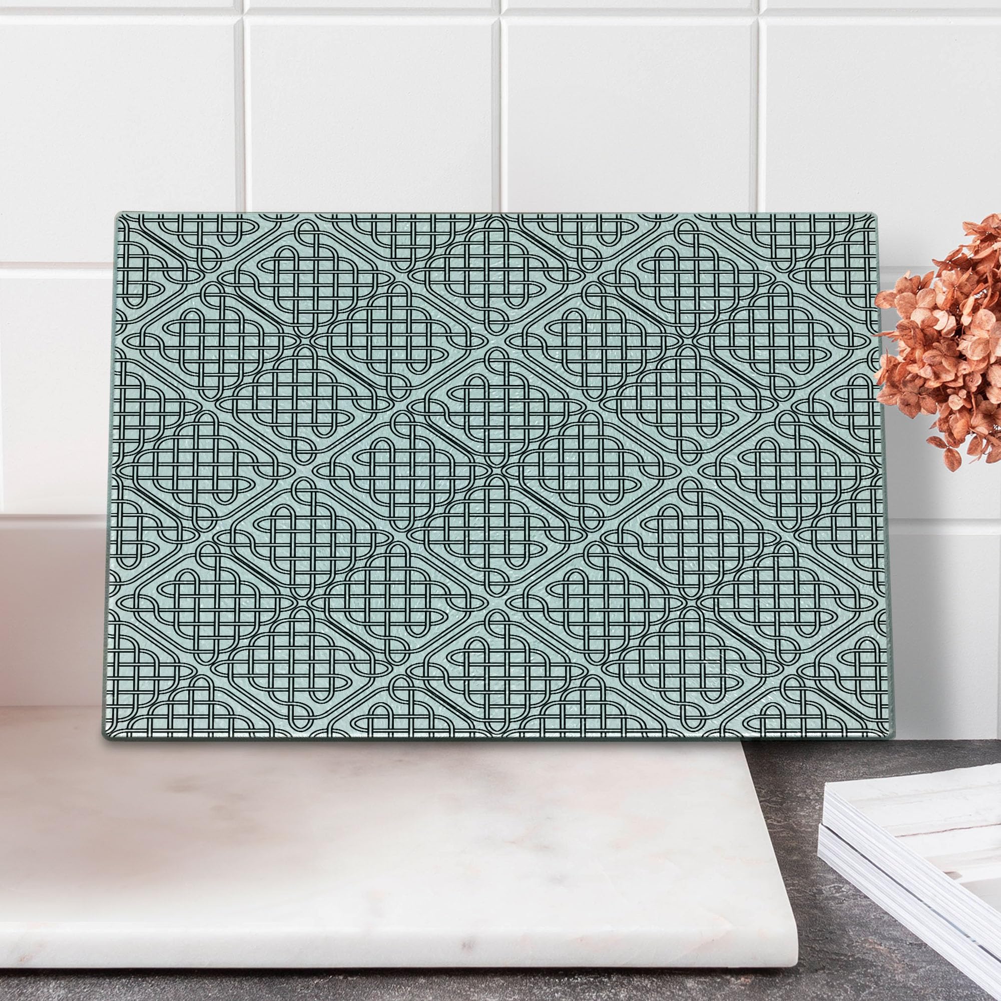 Ambesonne Celtic Cutting Board - Medieval Irish Striped Square Design, Old-Fashioned Artsy Print Tempered Glass Serving Board - Small Size Black & White - Perfect for Cheese Platters, Charcuterie & Kitchen Decor