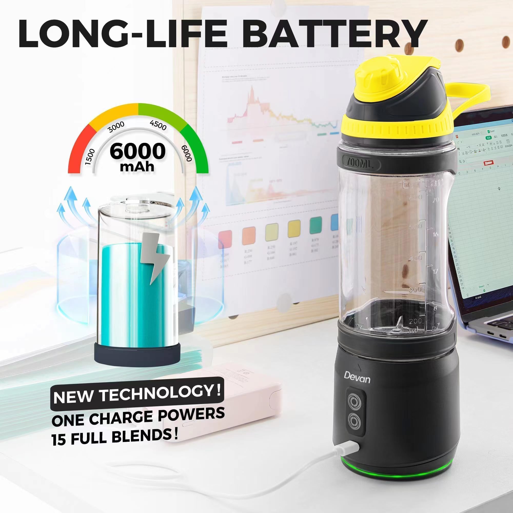 Portable USB-C Rechargeable Blender for Smoothies, Protein Shakes & Juices - 24oz BPA-Free Electric Mixer with Anti-Jamming Technology & Travel Lid - Perfect for Kitchen, Gym, Office & Outdoor Activities (Black Base Yellow Lid)