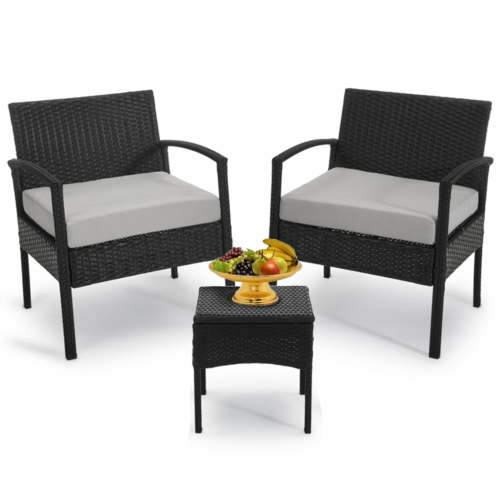 3-Piece Outdoor Patio Furniture Set - Wicker Bistro Chairs with Cushions & Table - Gray Balcony, Backyard, Porch Seating for Relaxing & Entertaining