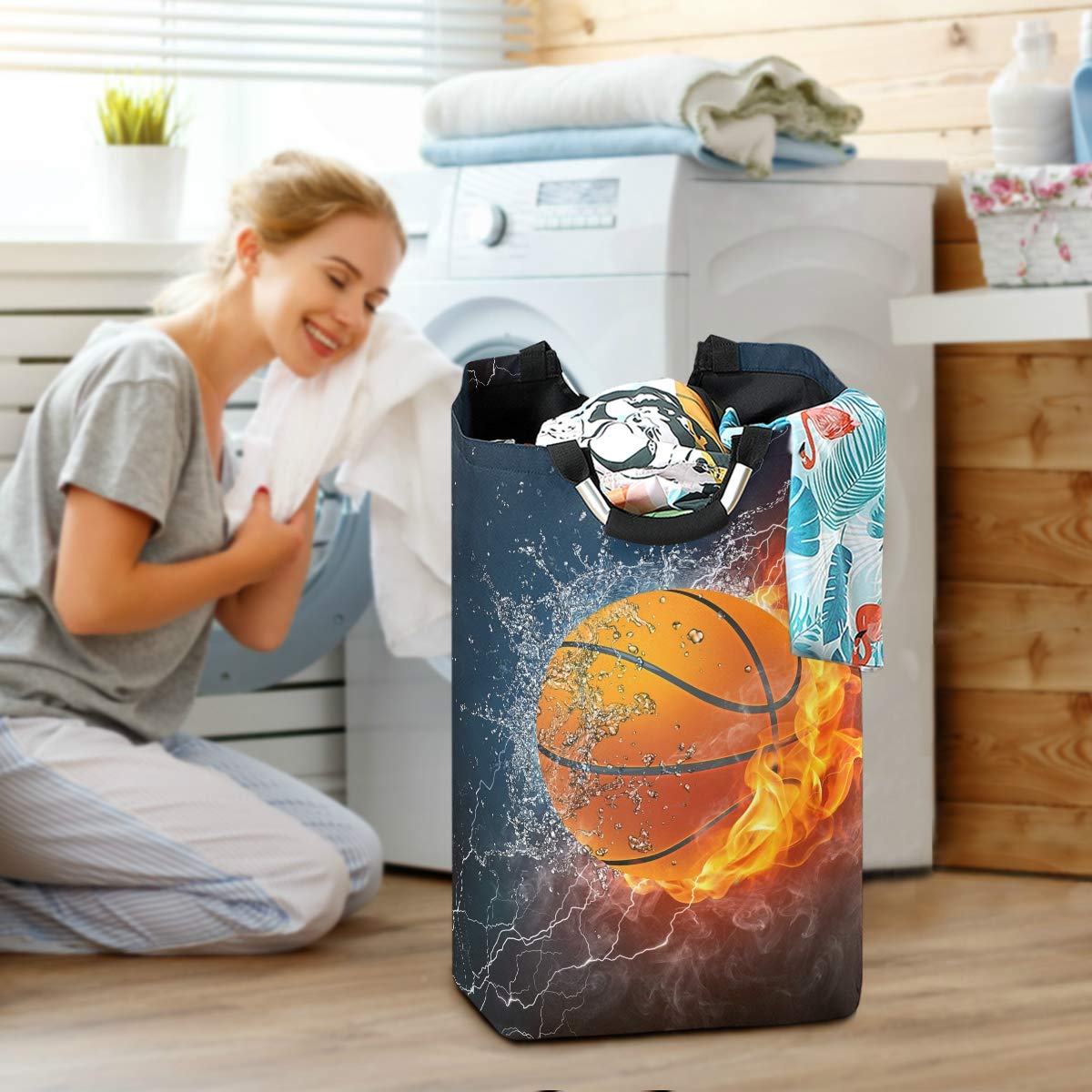 Blueangle 22.7’’ Basketball Design Waterproof Foldable Laundry Hamper - Durable Clothes & Toy Storage Organizer with Fire & Water Pattern - Perfect for Bedroom, Dorm, Kids Room & Sports Locker Organization