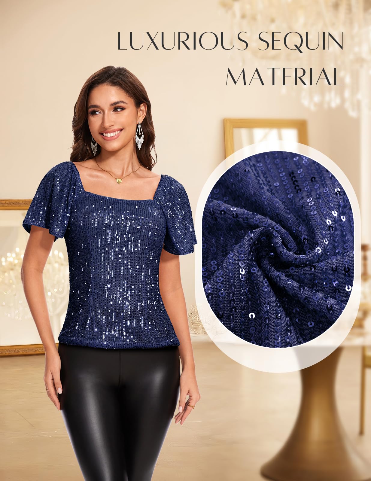 Sparkly Sequin Tops for Women - Short Sleeve Glitter Blouse with Square Neck & Ruffle Detail | Elegant Clubwear & Party Shirts for Night Out, Dinner Date, and Special Occasions