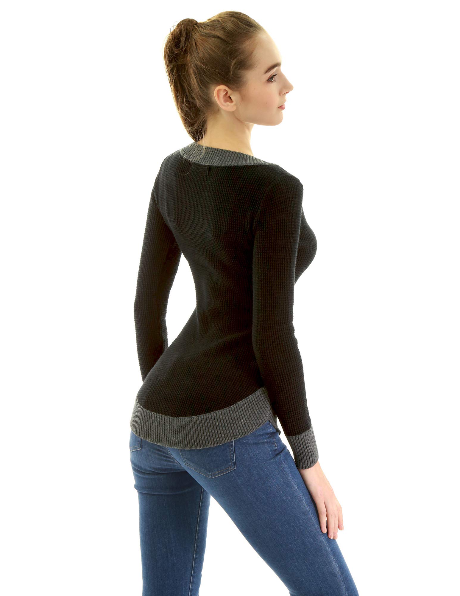 AmélieBoutik Women's Cotton Blend V-Neck Color Block Long Sleeve Sweater with Curved Hem | Casual Fall & Winter Pullover for Work, Date Night & Layering