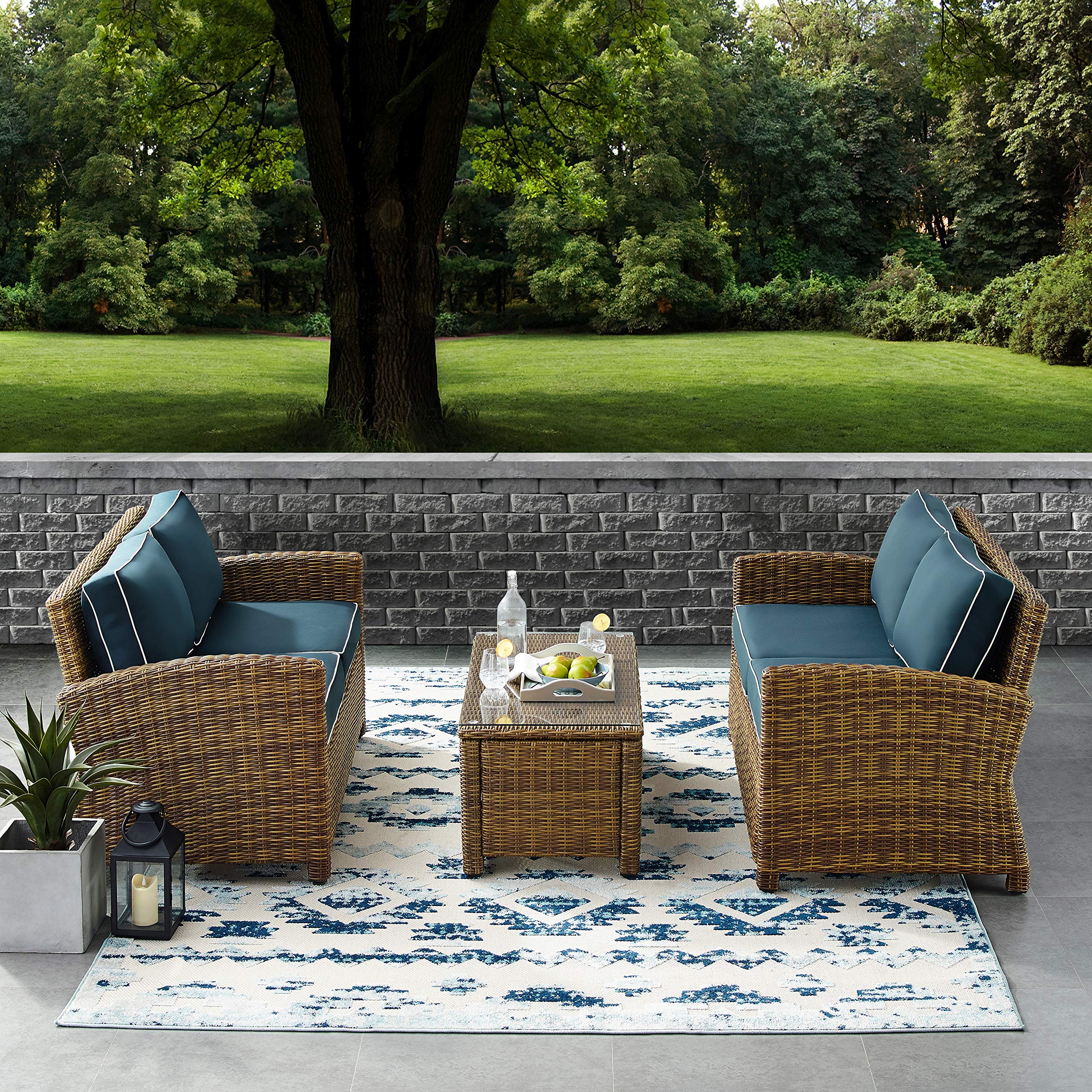 Crosley Bradenton 3-Piece Outdoor Wicker Loveseat Set with Navy Cushions - Patio Furniture for Porch, Garden & Backyard - Brown Weather-Resistant Conversation Set for Relaxing Outdoors