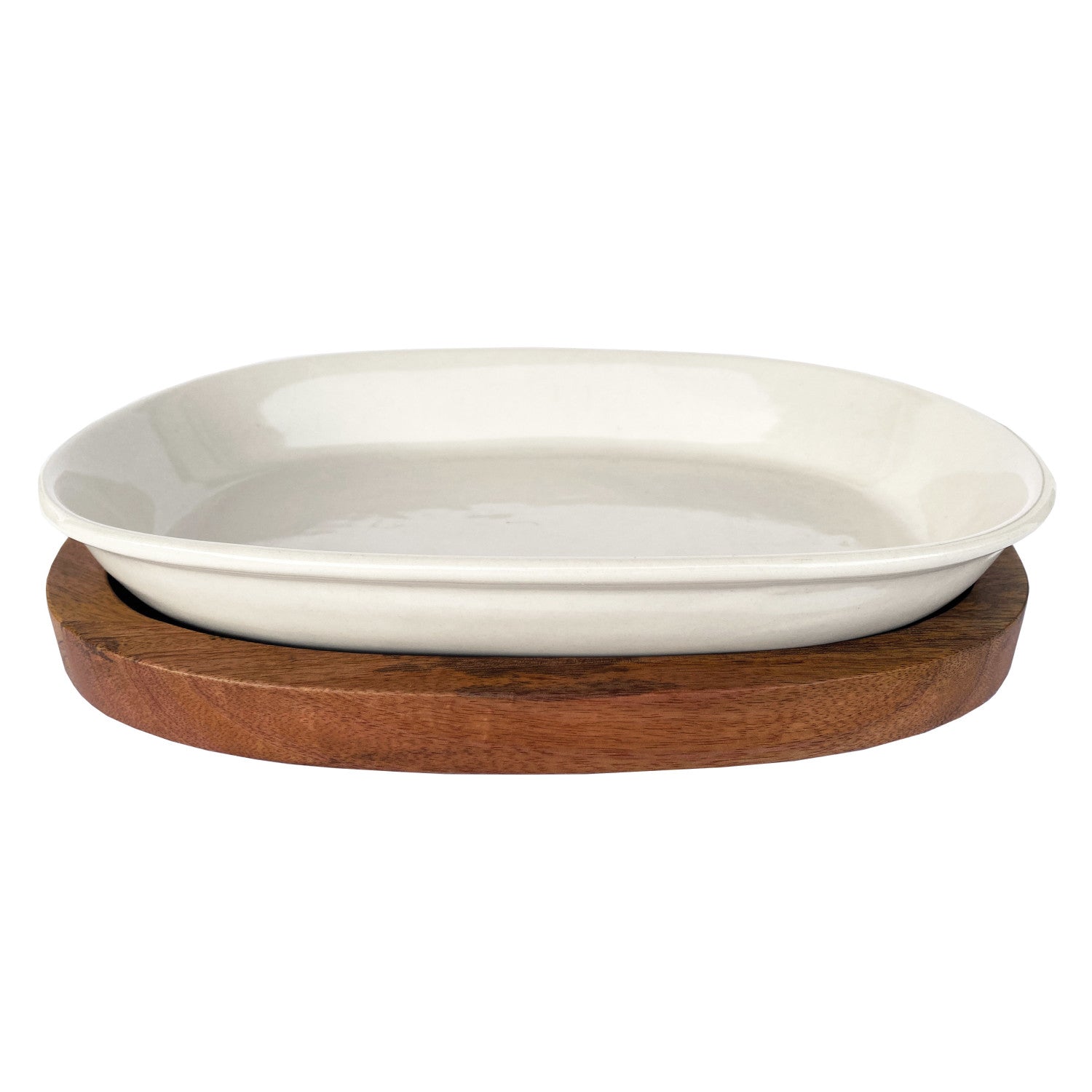 Premium Stoneware Baker with Natural Mango Wood Base - Perfect for Baking Bread, Casseroles & Desserts | Rustic Kitchen Essential for Home Bakers & Holiday Cooking