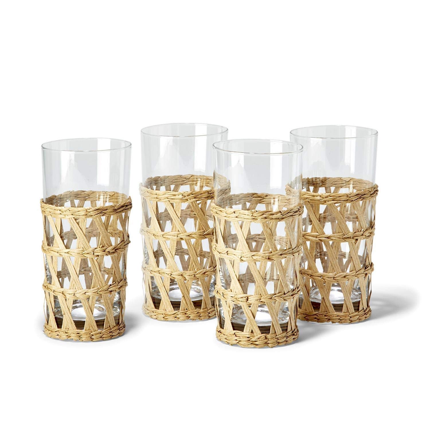 Two's Company Island Chic Drinking Glass Set - 24-Piece Hand-Woven Lattice Design for Tropical Cocktails, Beach Parties & Summer Entertaining