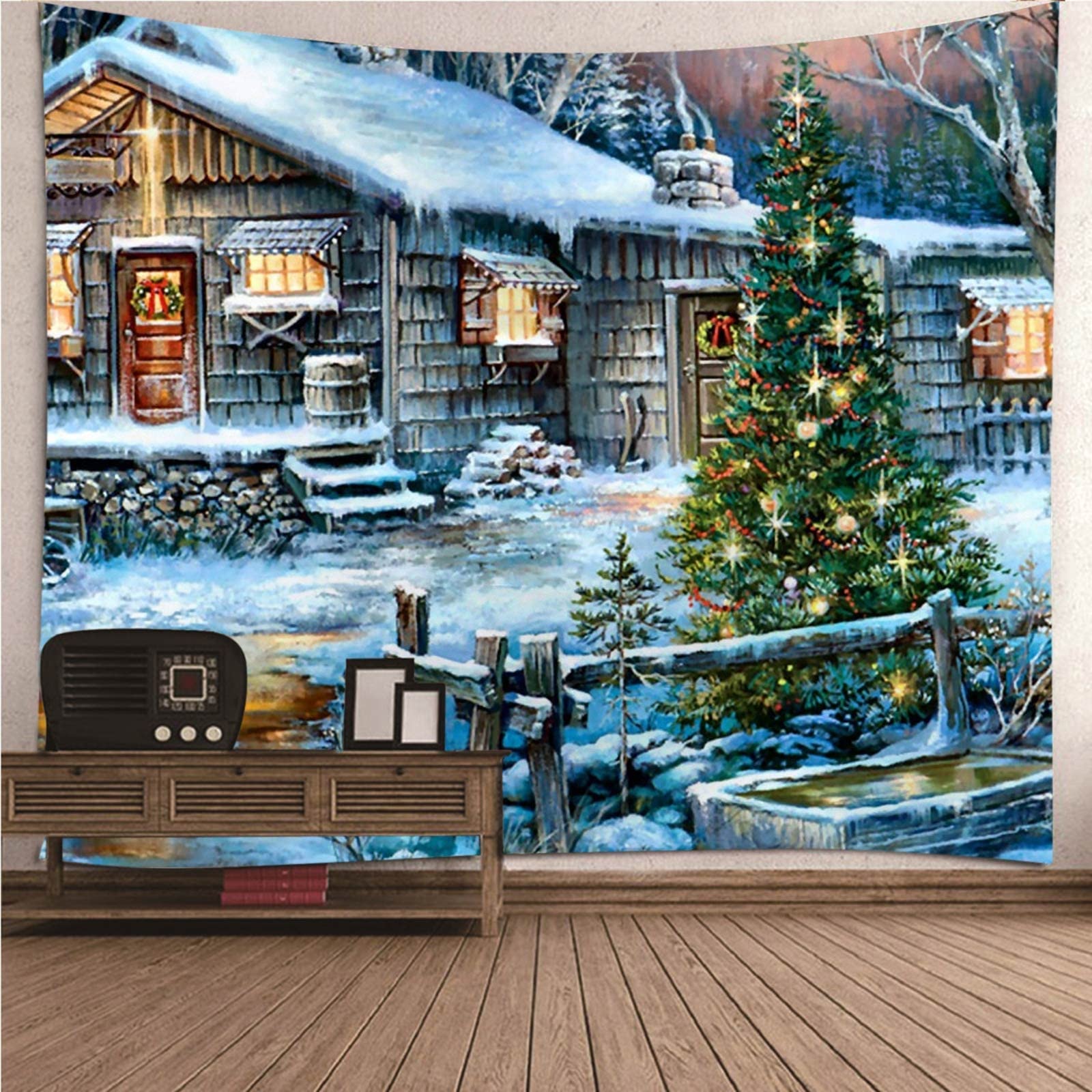 Aooaz Christmas Forest Hut Tapestry Kit - 138x100 Inch Polyester Wall Decor for Bedroom, Living Room - Custom Oil Painting Style Tapestry for Holiday Home Decoration