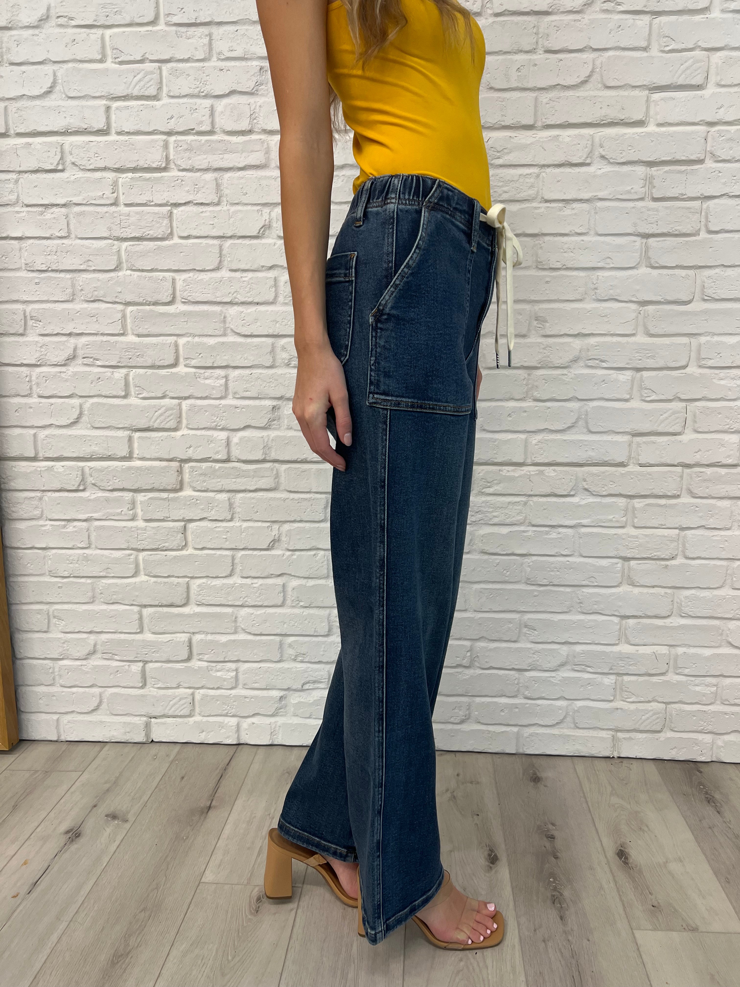 JUDY BLUE Melanie High Rise Drawstring Wide Leg Jeans for Women - Comfortable Stretch Denim Pants with Elastic Waist - Perfect for Casual Wear, Work & Everyday Outfits