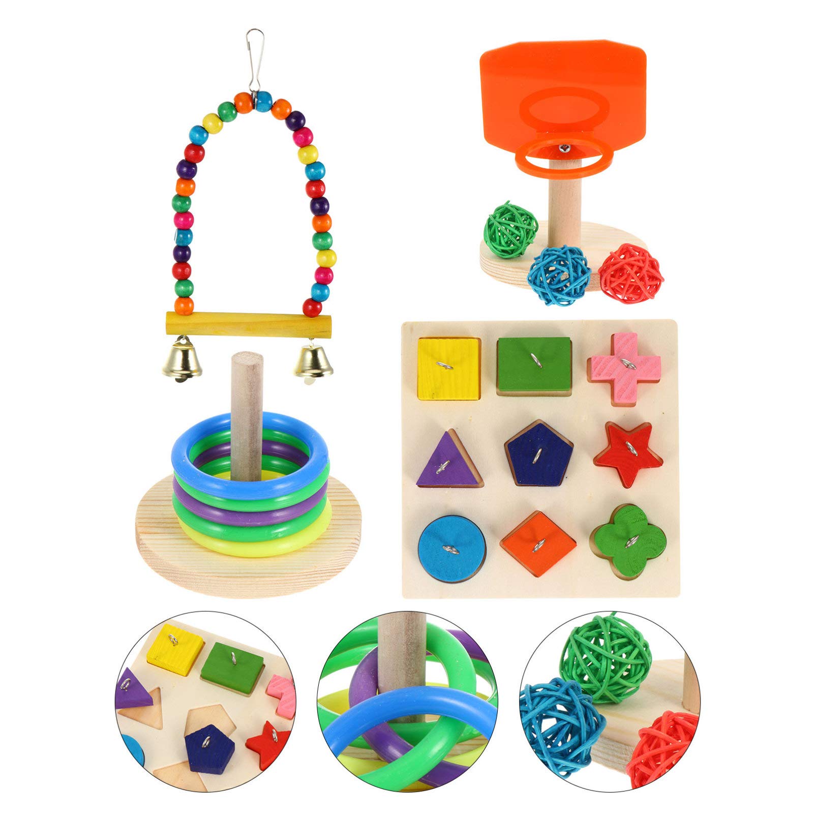 4 Sets Parrot Foraging Toys - Bird Training Kit with Block Puzzle, Swing Perch & Tabletop Toys - Intelligence Development & Trick Training for Parakeets, Cockatiels, Lovebirds - Perfect for Cage Enrichment & Playtime