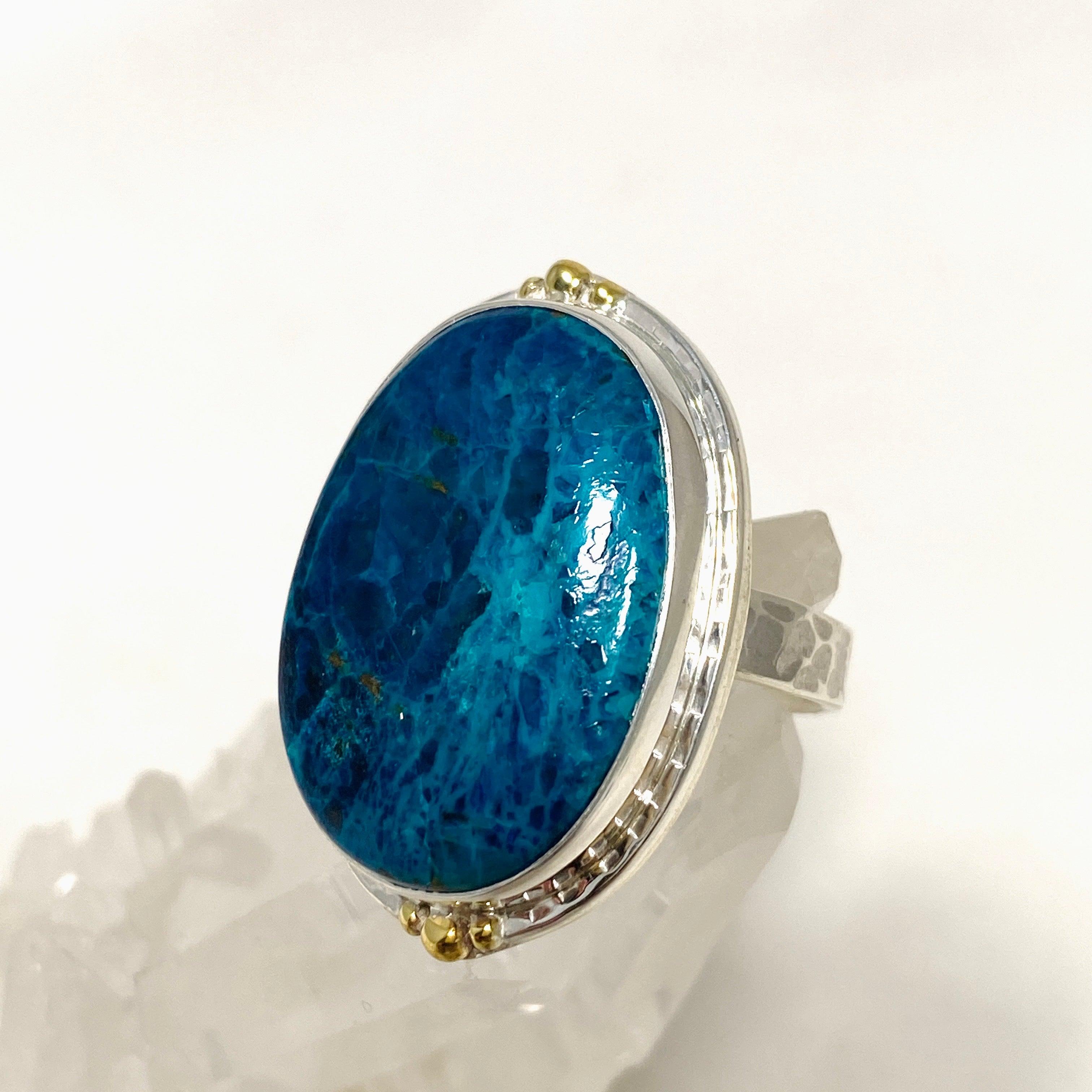 Shattuckite Oval Ring with Brass Accents - Size 9 Blue Gemstone Jewelry KRGJ3227 | Healing Crystal Ring for Meditation & Spiritual Energy