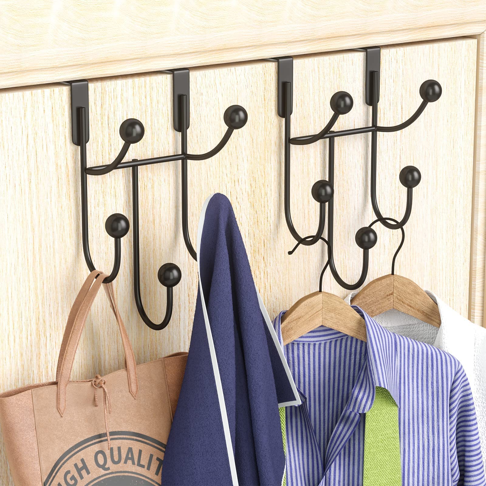 Stainless Steel Over Door Hooks 2-Pack - 5 Coat Hangers with Scratch Proof Pads for Hanging Coats, Towels, Hats & Bags - Black Bedroom & Bathroom Door Hooks for Space Saving Organization