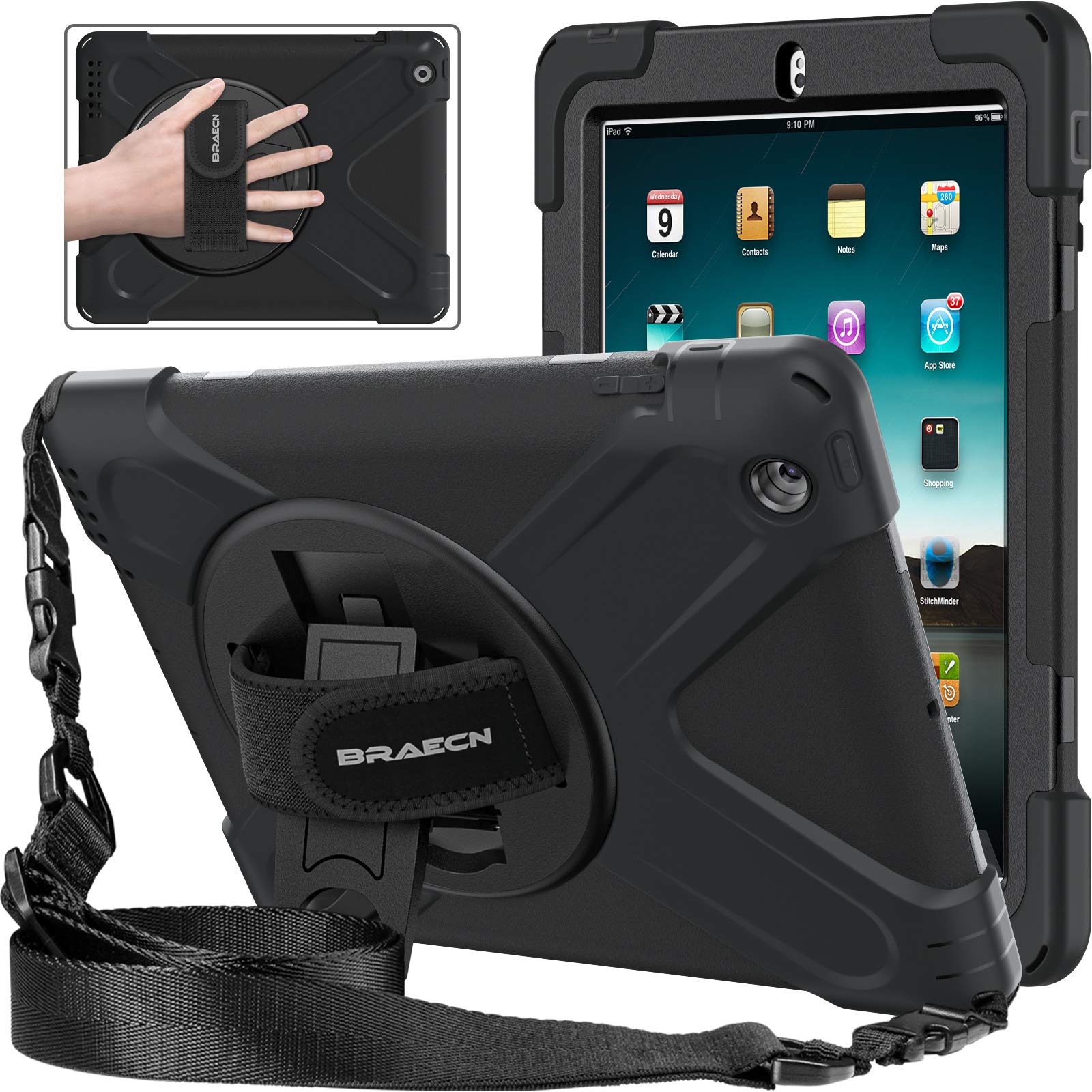 BRAECN Shockproof Protective Case for Apple iPad 2/3/4 (9.7 Inch) with Screen Protector, 360° Rotating Stand & Adjustable Hand/Shoulder Strap - Perfect for Kids, Travel, School & Home Use - Black (Model A1458)
